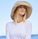 woman wearing a sun hat and UPF shirt
