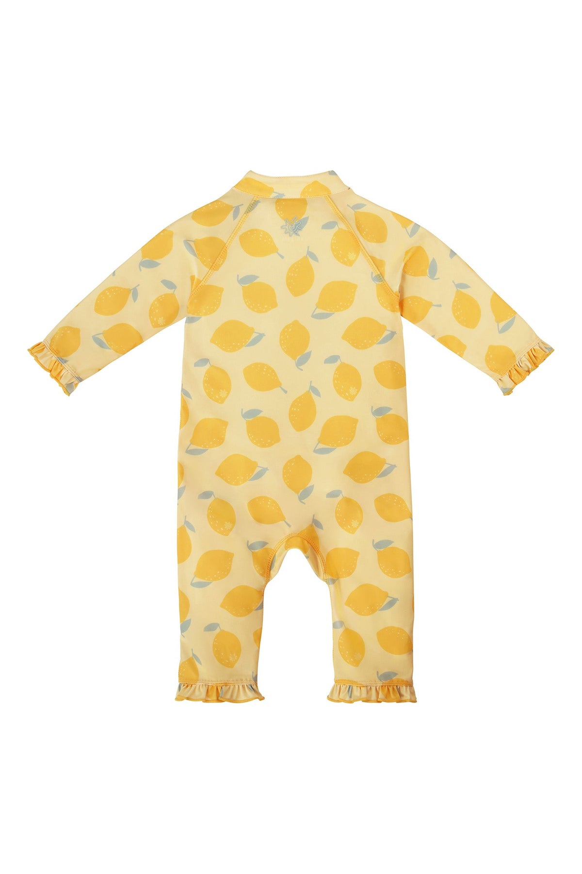 back view of baby girls one piece sun & swim suit in lemonade stand