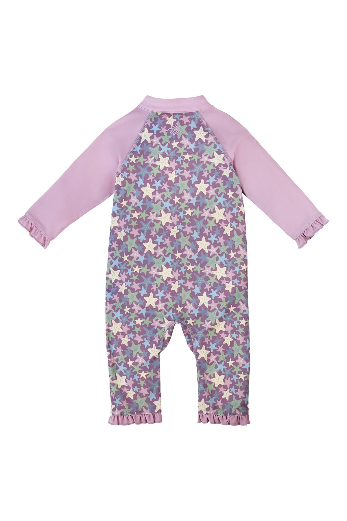 back view of baby girls one piece sun & swim suit in lotus starfish