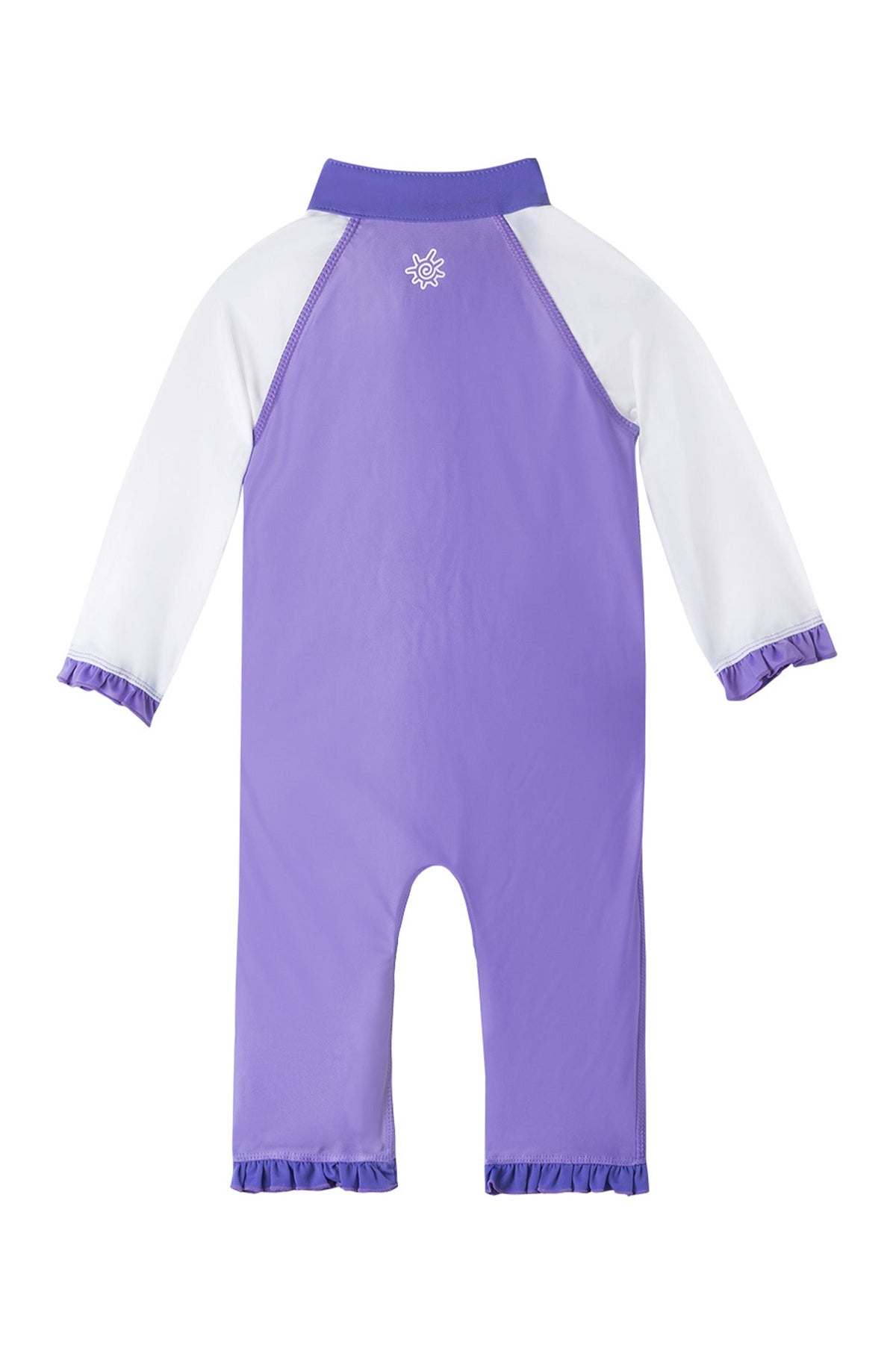 back of the baby girls long-sleeve swimsuit in misty purple white