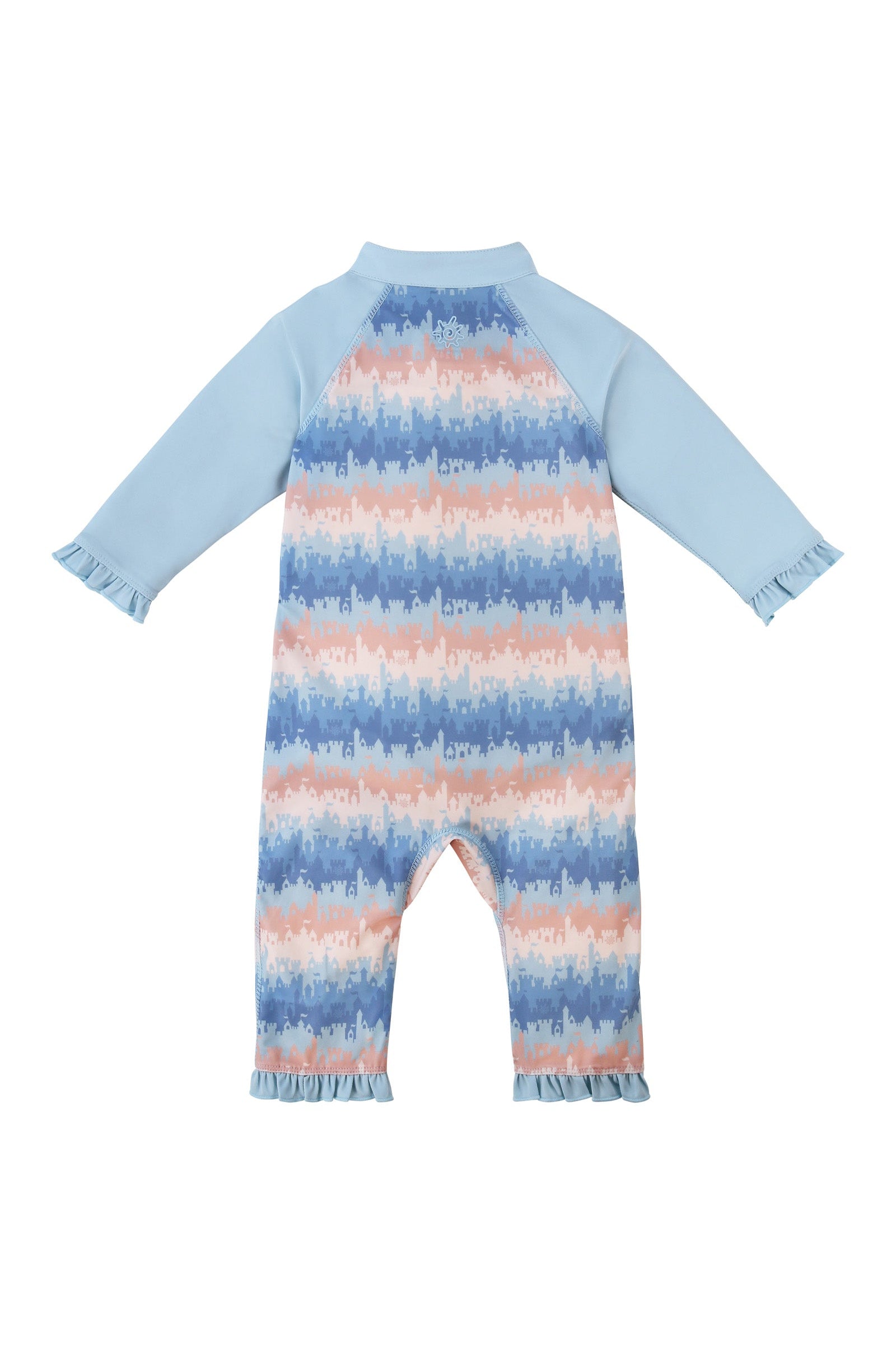 back view of baby girls one piece sun & swim suit in sandcastle dreams|sandcastle-dreams