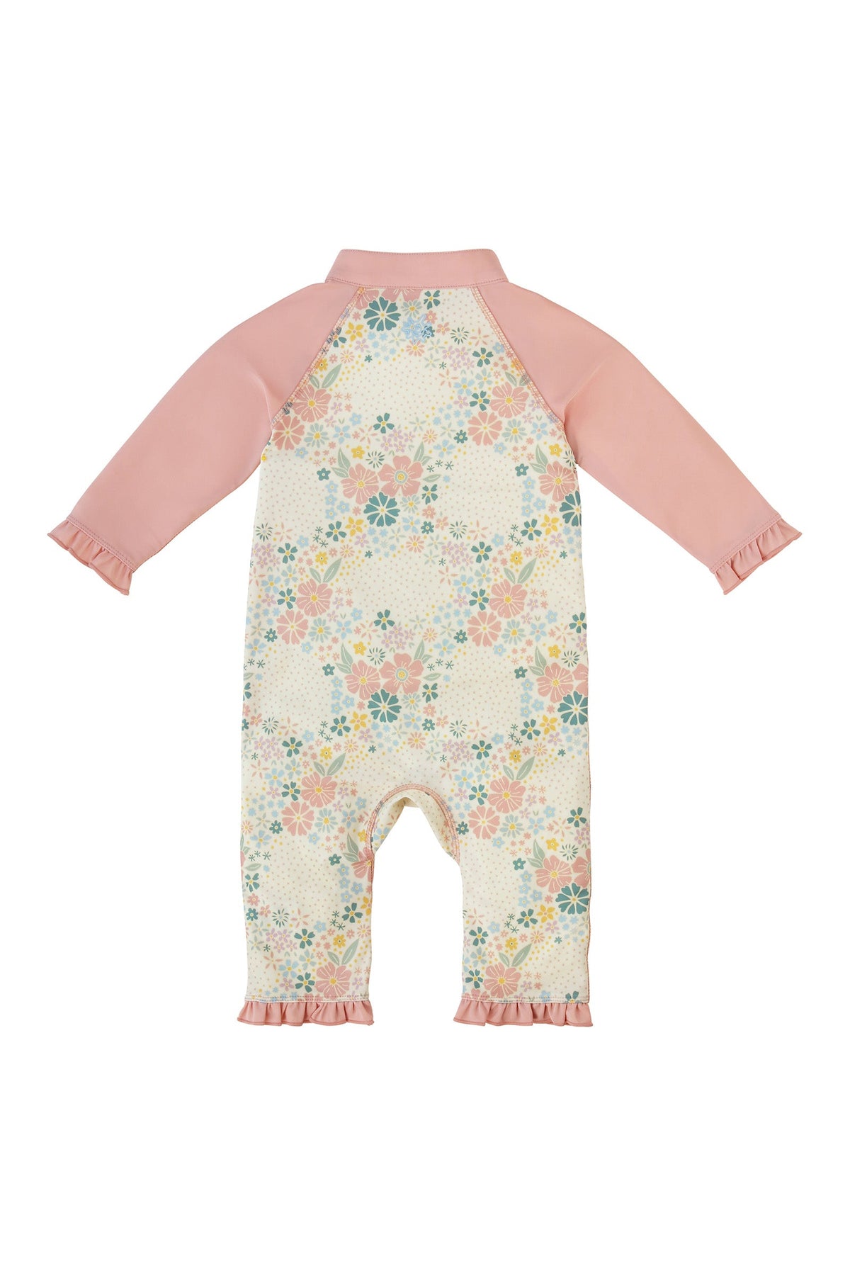 back view of baby girls one piece sun & swim suit in secret garden