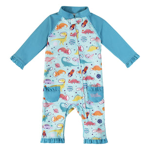 Front View of Baby Girl Swim Suit|space-dinos