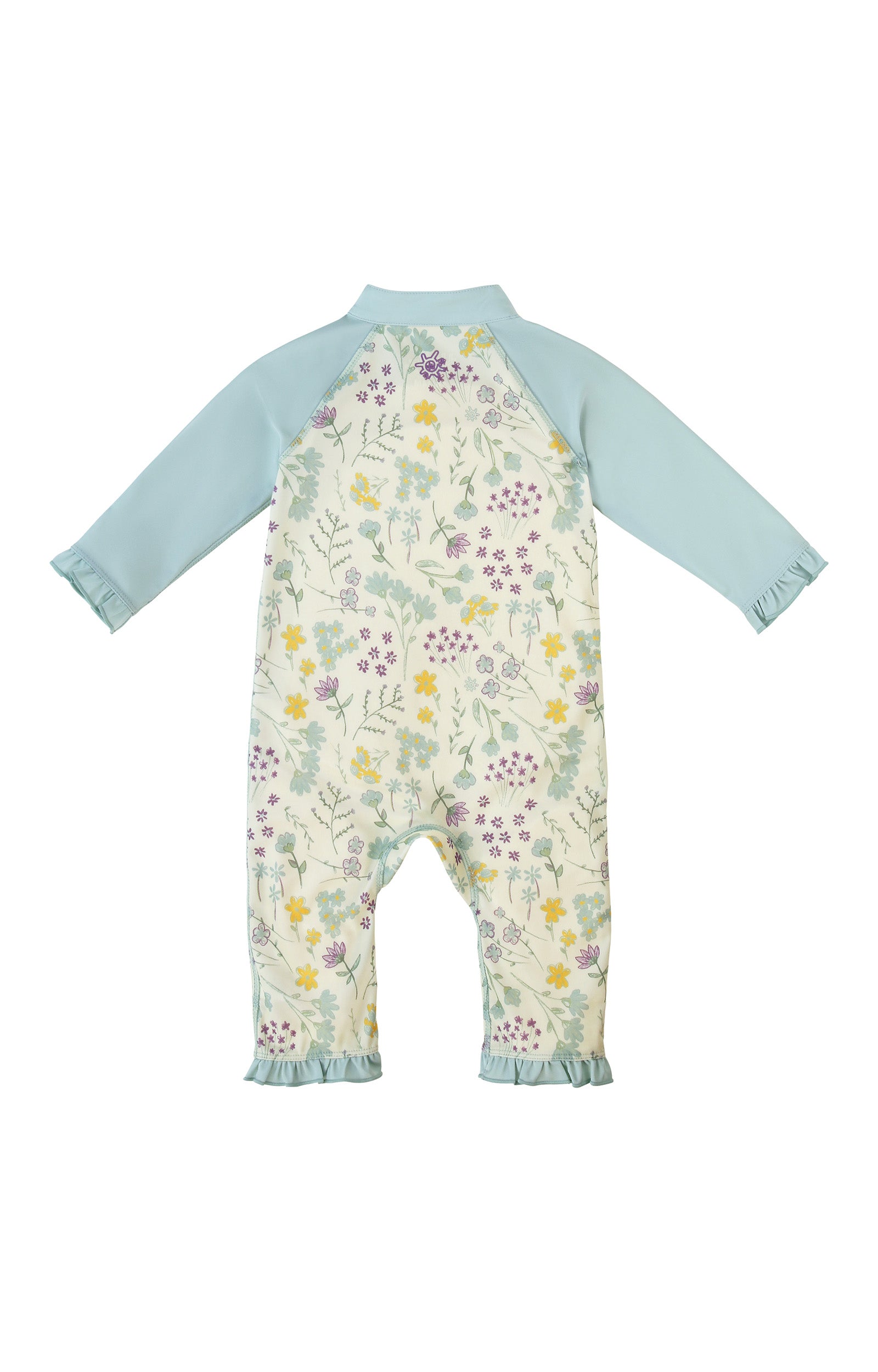 back view of baby girls one piece sun & swim suit in springtime doodle|springtime-doodle