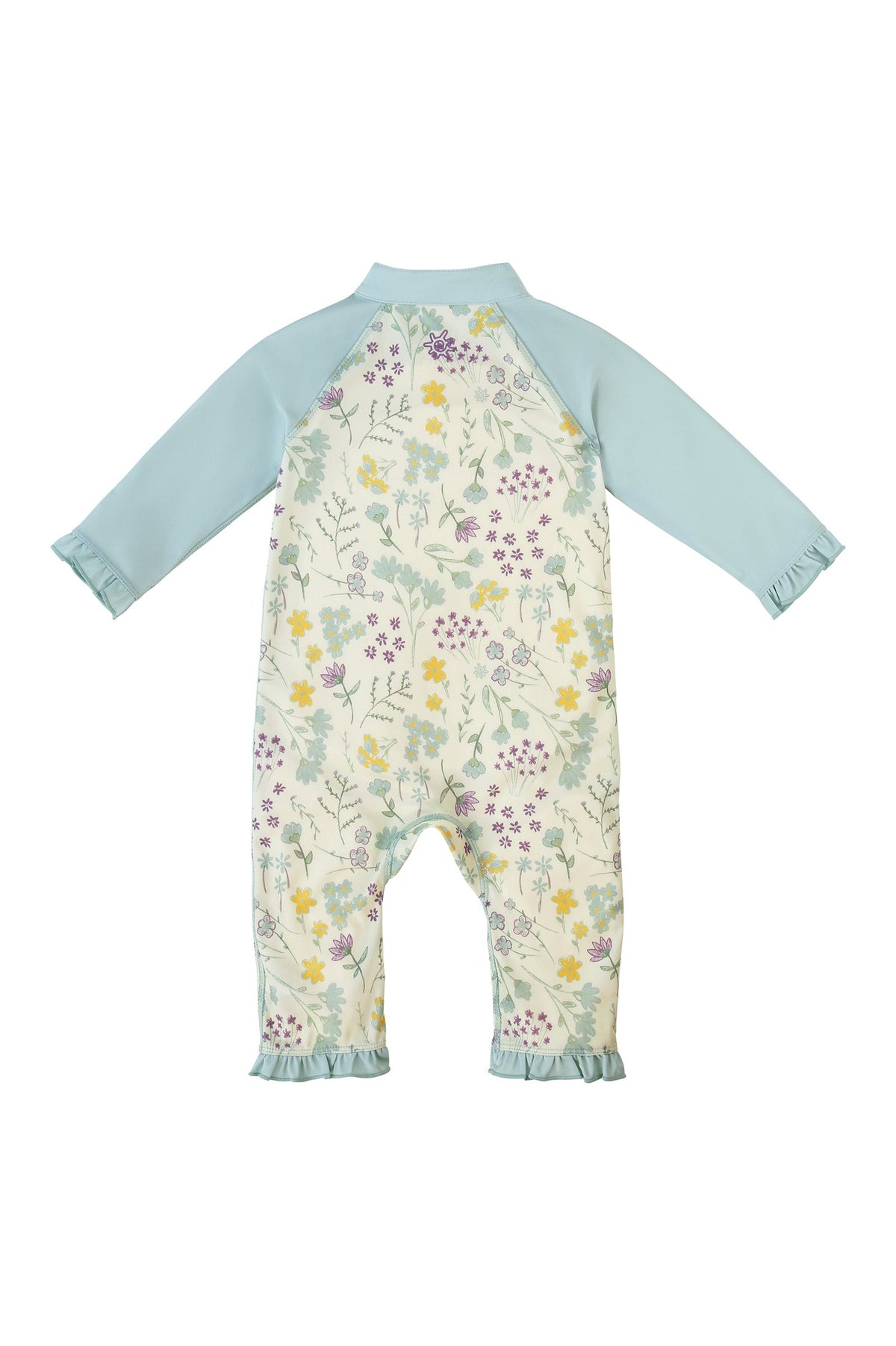 back view of baby girls one piece sun & swim suit in springtime doodle|springtime-doodle