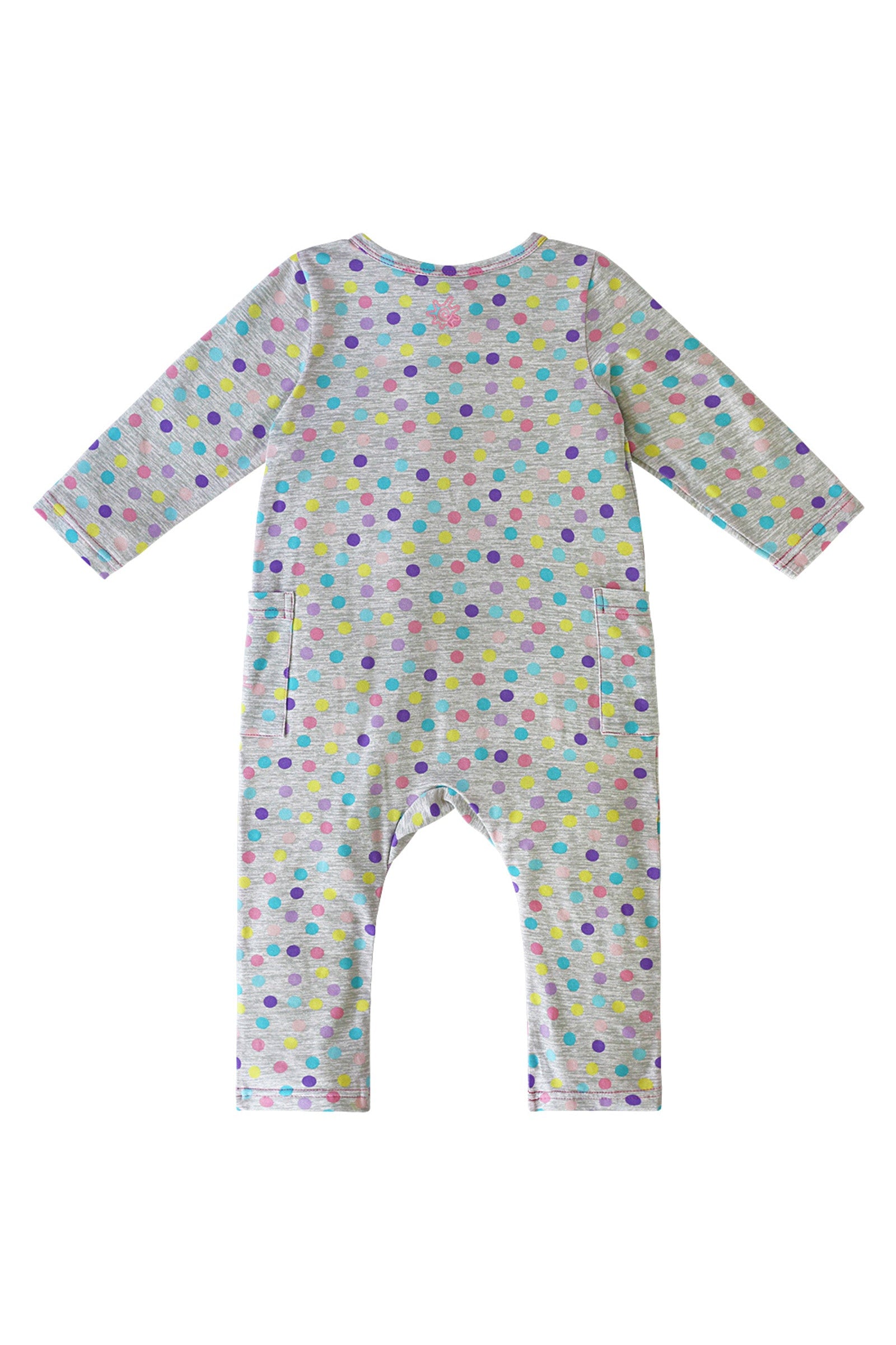 Back of Baby girl's long sleeve everyday romper in rainbow sprinkles |rainbow-sprinkles