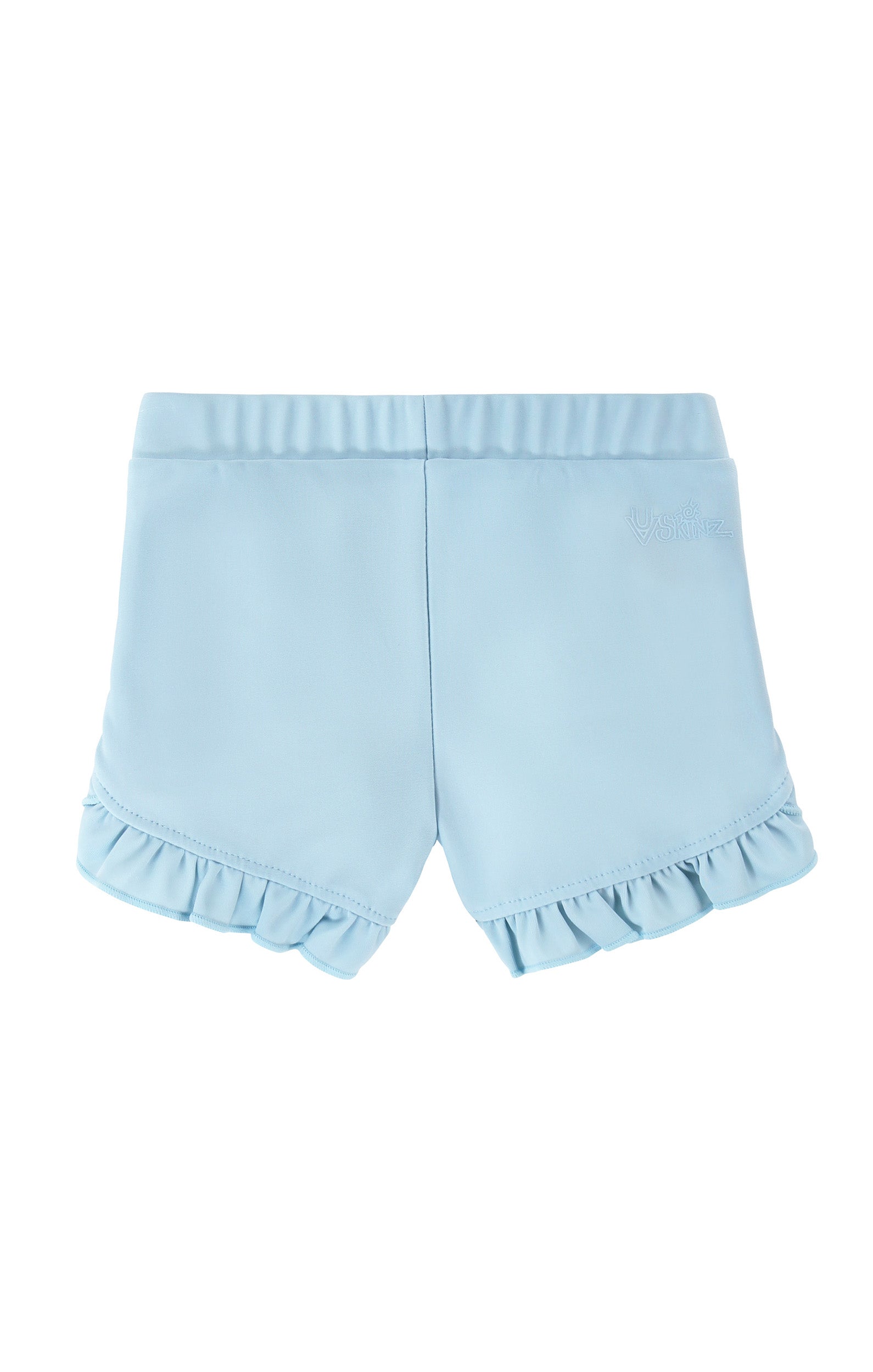 back view of baby girls swim shorties in aquamarine|aquamarine