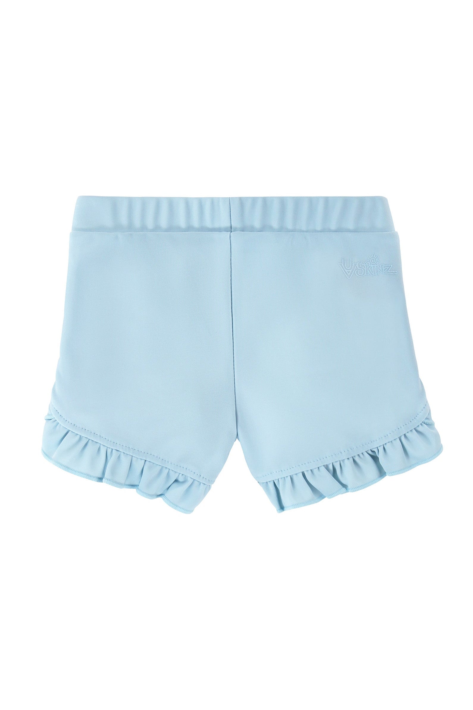 back view of baby girls swim shorties in aquamarine|aquamarine