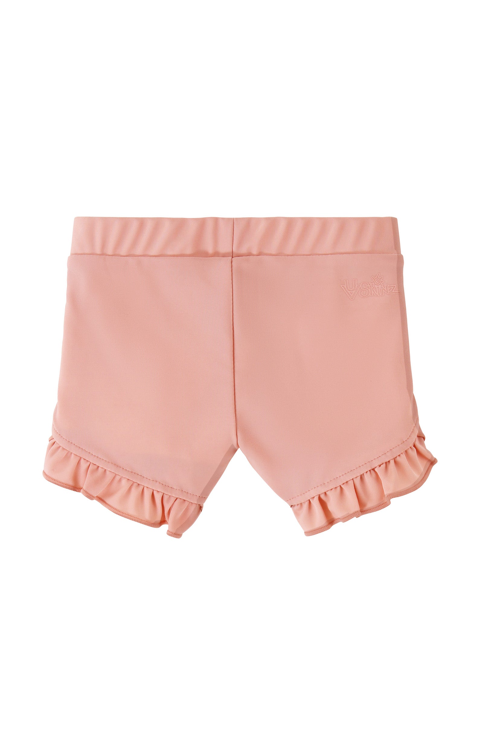 back view of baby girls swim shorties in dusty pink|dusty-pink