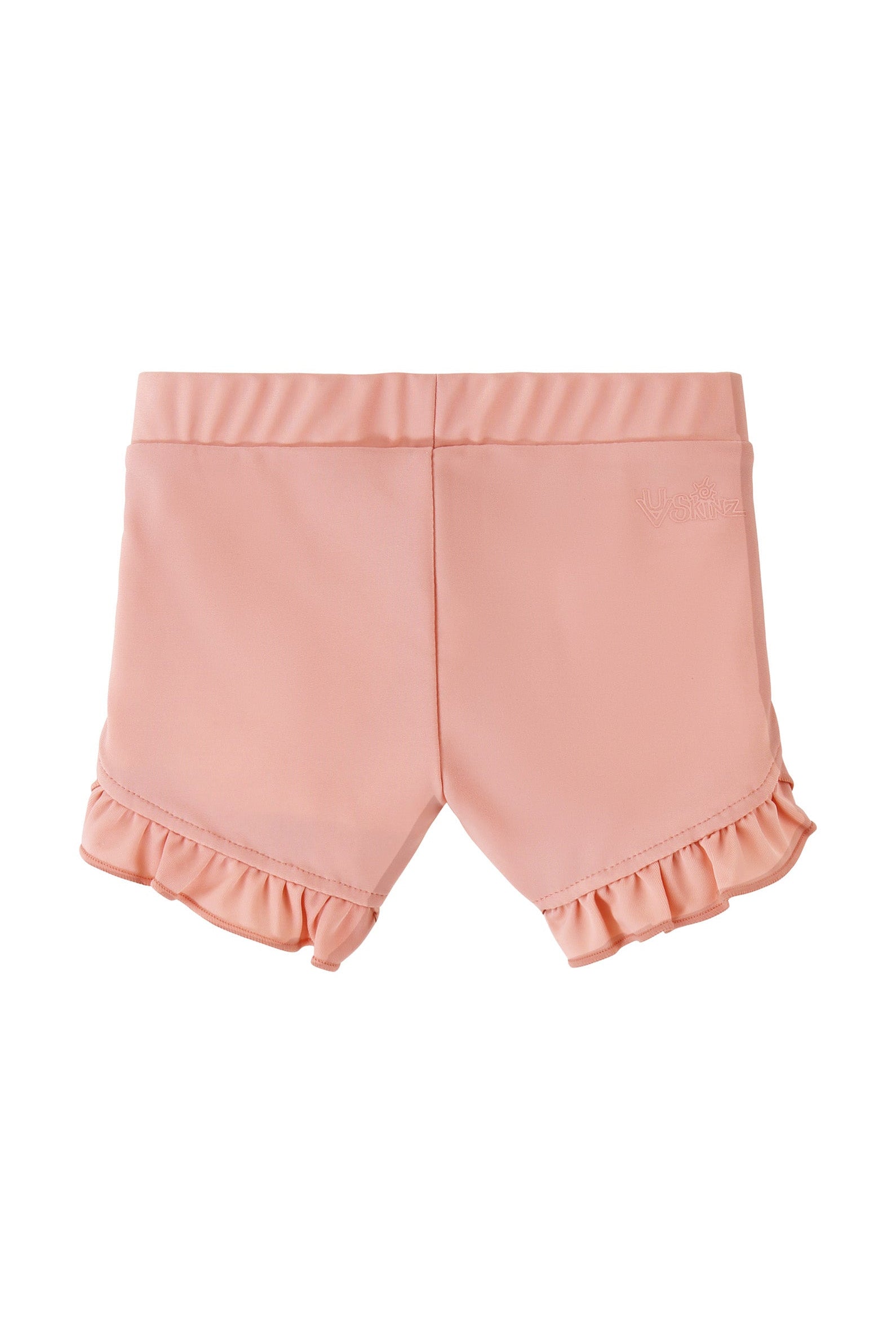 back view of baby girls swim shorties in dusty pink|dusty-pink