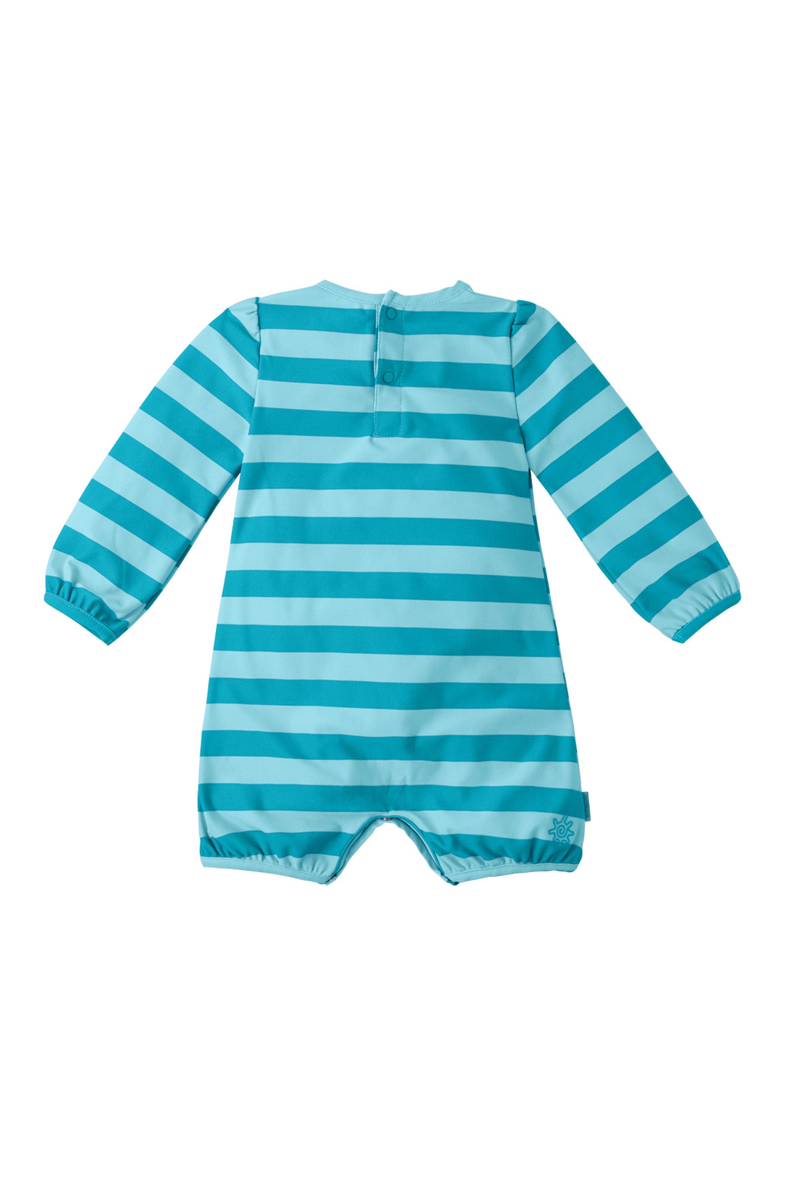 Back of the baby girl's one-piece swimsuit in aquamarine sun stripe