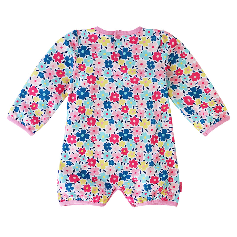 Back of the Baby girl's hoodied sunzie in colorful garden|colorful-garden