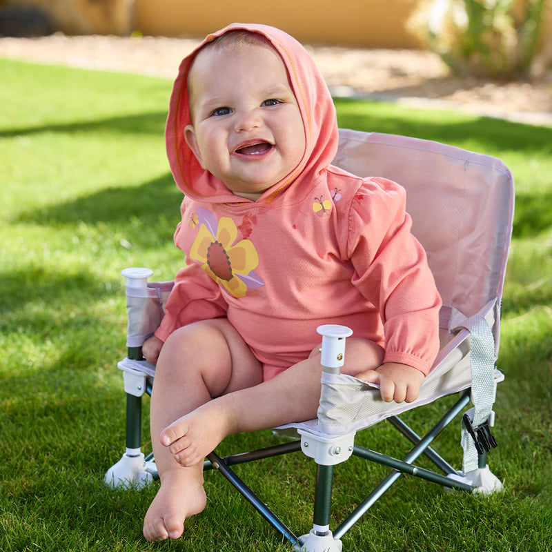 baby girl sitting in chair in hooded sunzie|butterfly-garden