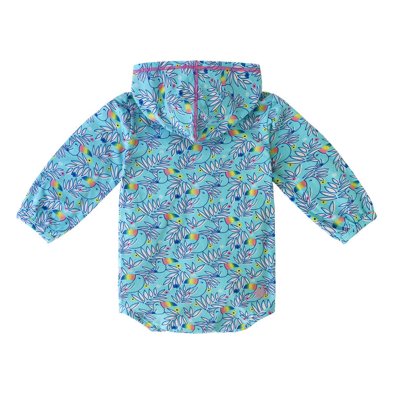Back of the Baby Girl's Hooded Sunzie in Lively Toucans|lively-toucans