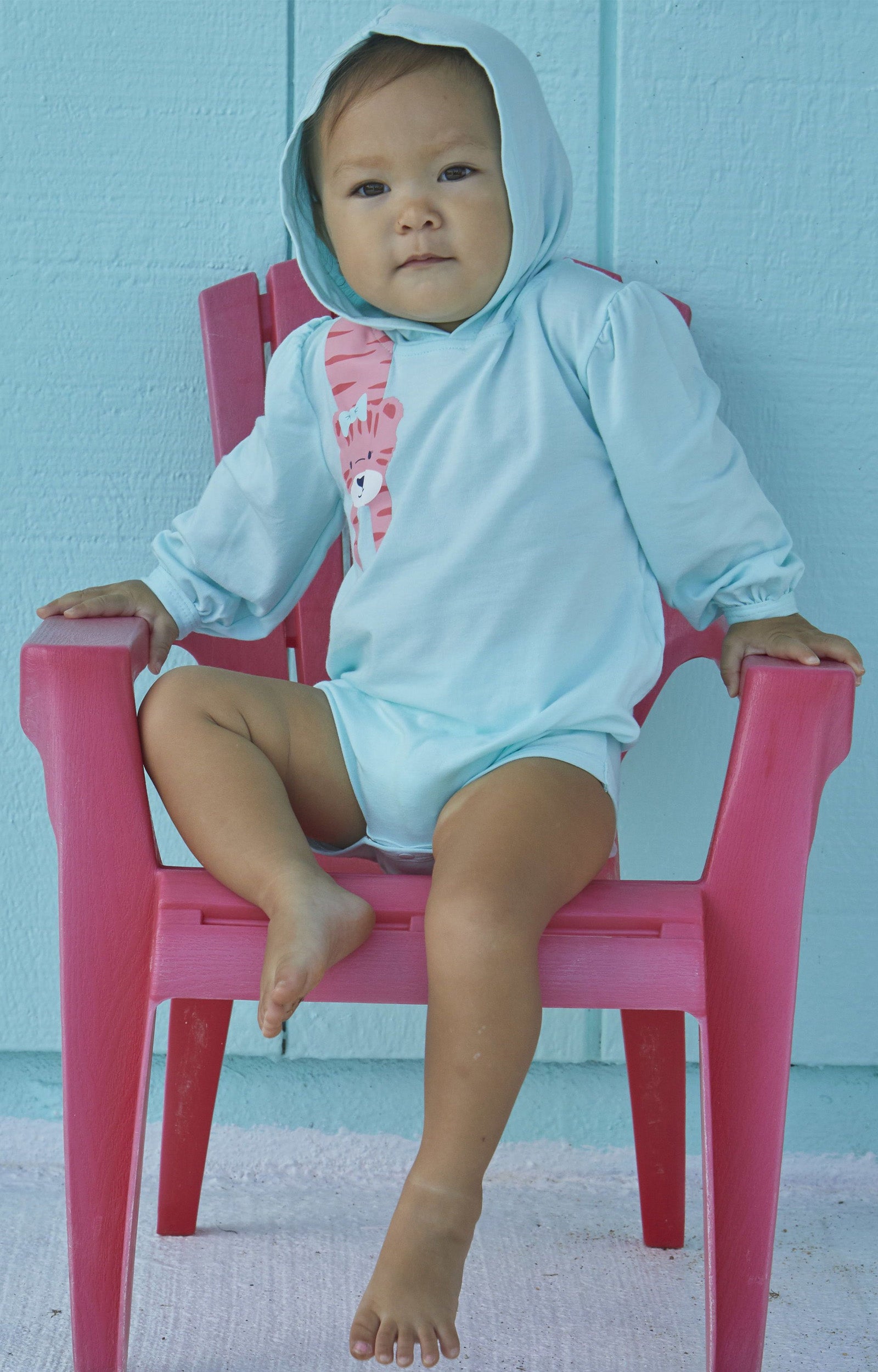 Little Baby in UV Skinz's Baby Girl's Hooded Sunzie in Peek-A-Boo-Tiger|peek-a-boo-tiger