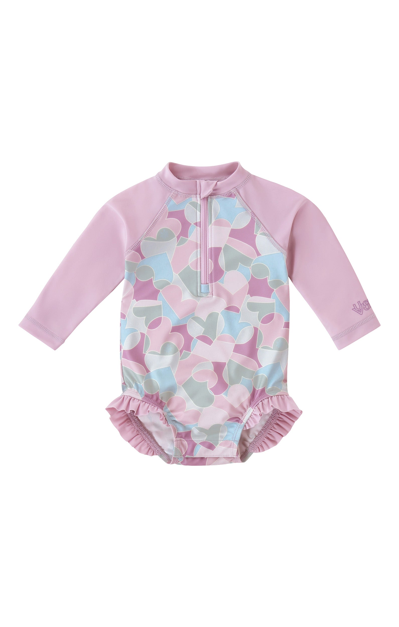 baby girl long sleeve ruffle legged swim suit in puzzle hearts|puzzle-hearts