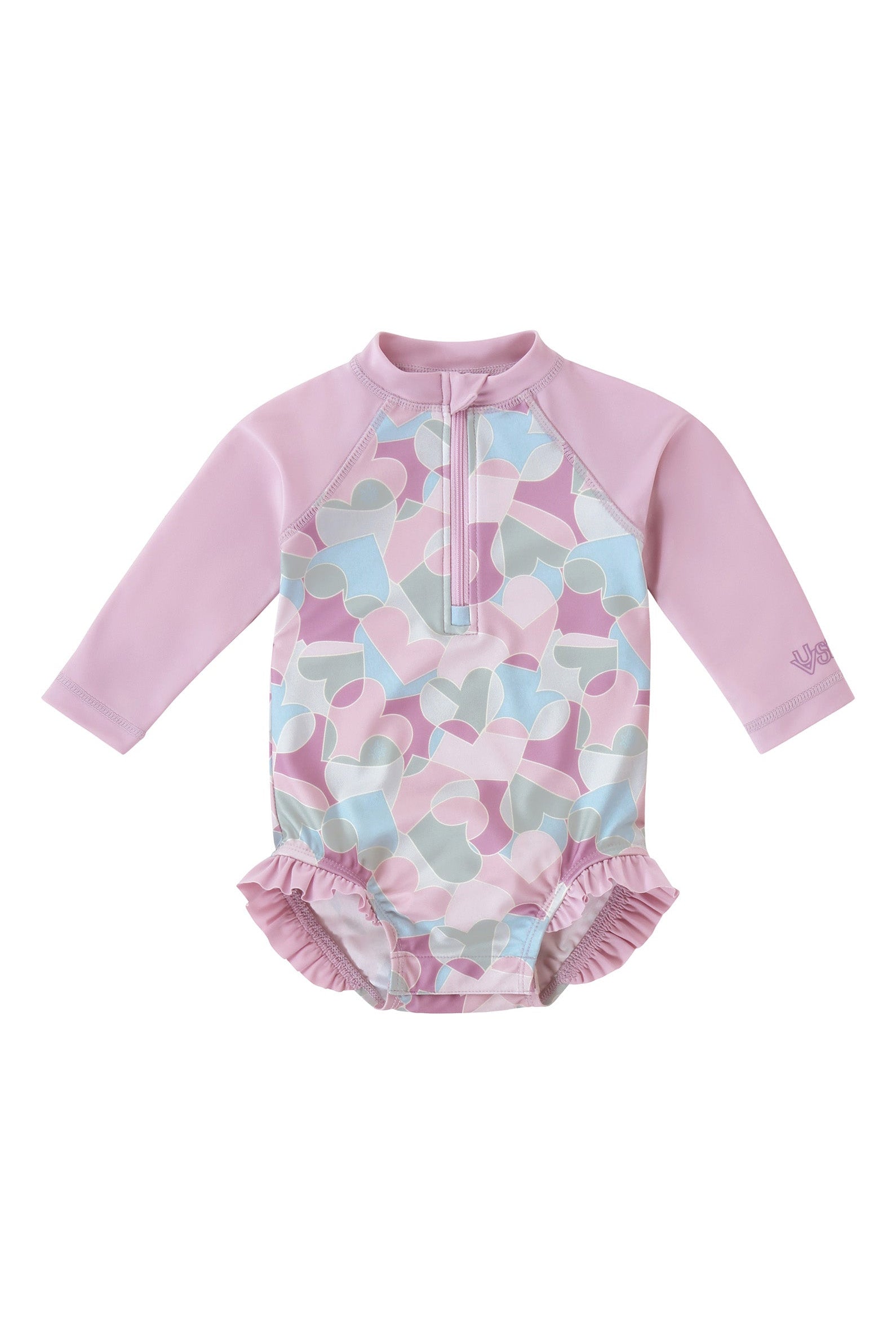 baby girl long sleeve ruffle legged swim suit in puzzle hearts|puzzle-hearts