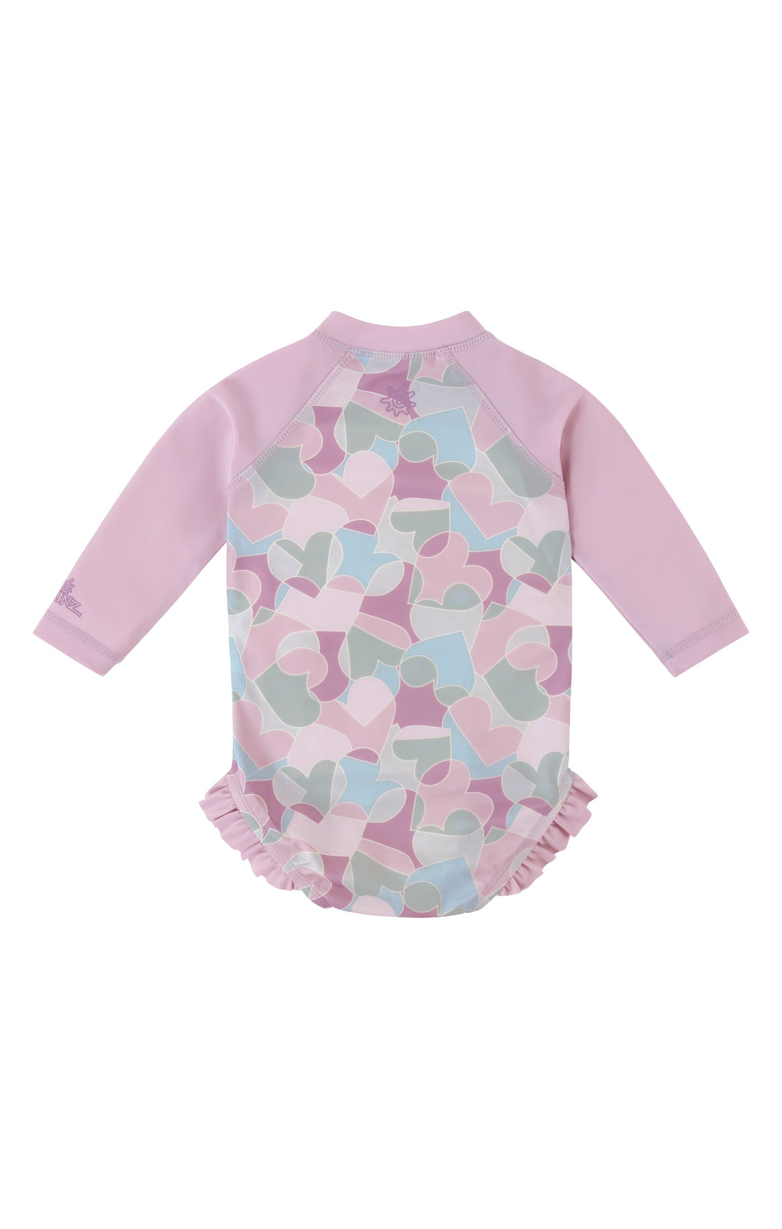 back view of baby girl long sleeve ruffle legged swim suit in puzzle hearts|puzzle-hearts