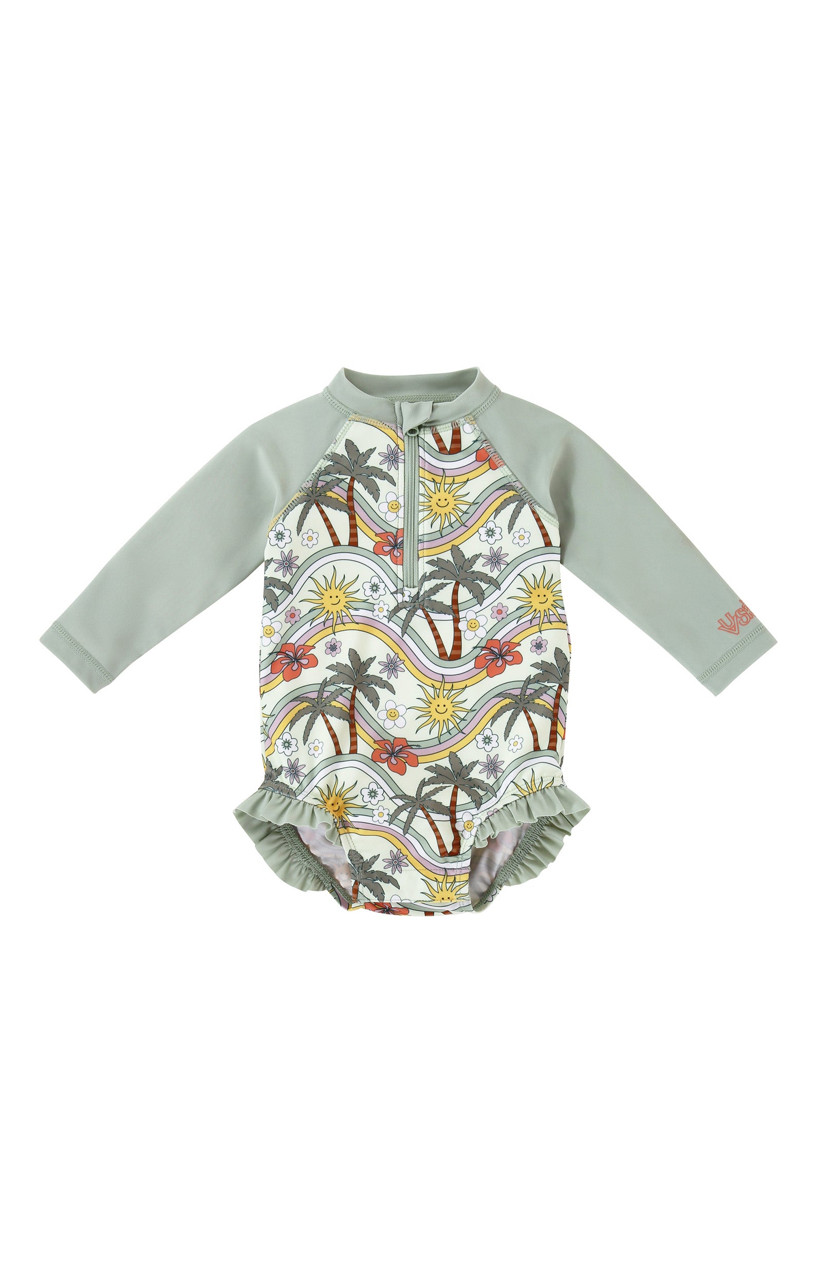 baby girl long sleeve ruffle legged swim suit in retro island|retro-island