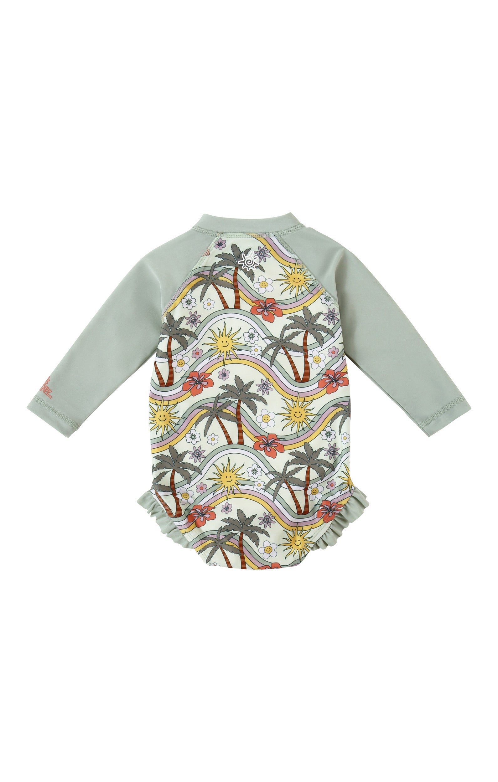 back view of baby girl long sleeve ruffle legged swim suit in retro island|retro-island