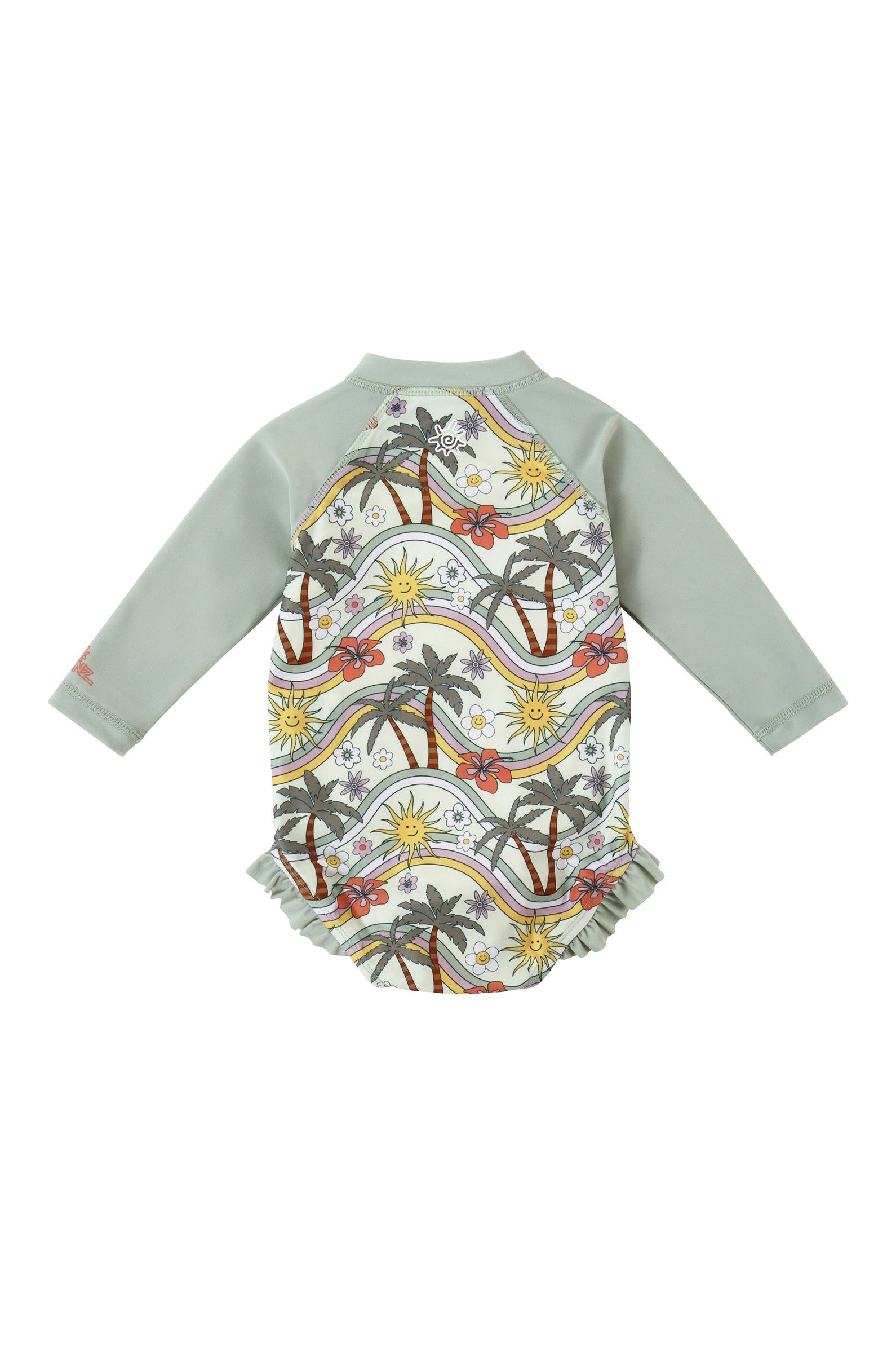 back view of baby girl long sleeve ruffle legged swim suit in retro island|retro-island