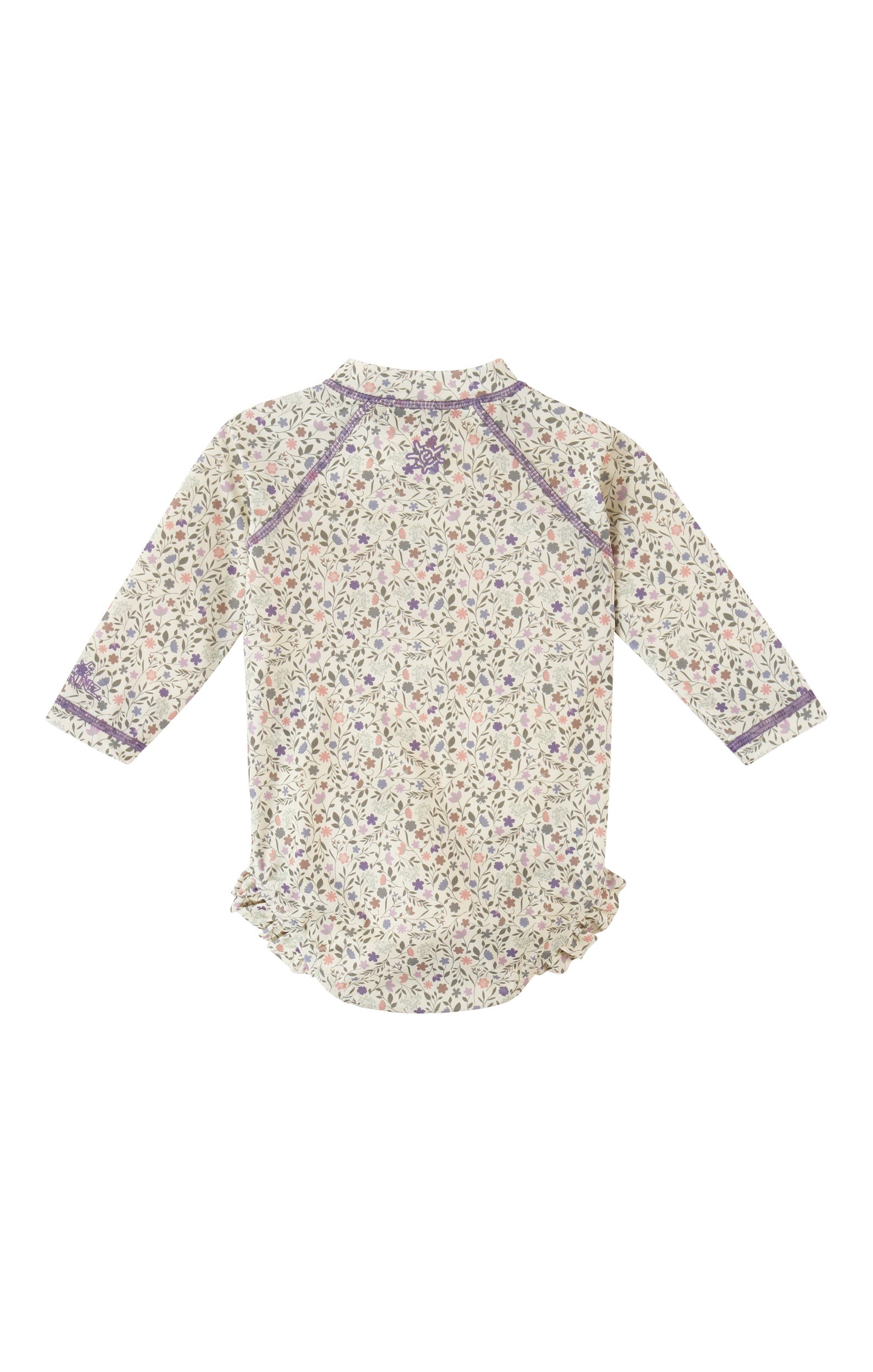 back view of baby girl long sleeve ruffle legged swim suit in sonora meadows|sonora-meadows