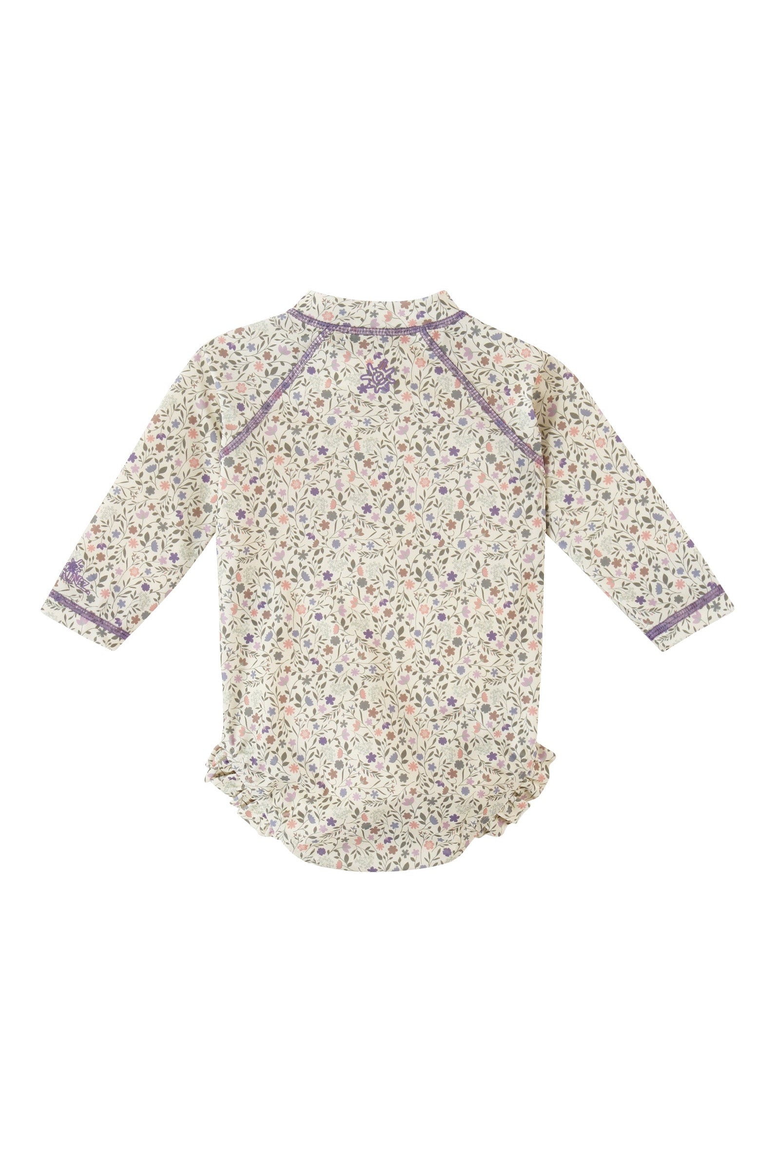 back view of baby girl long sleeve ruffle legged swim suit in sonora meadows|sonora-meadows