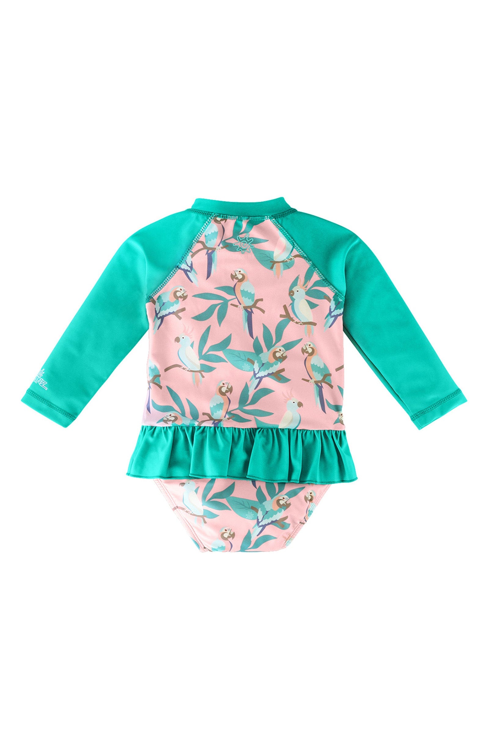 Back of the Baby Girl's Long Sleeve Ruffled Swim Suit in Birds of Paradise|birds-in-paradise