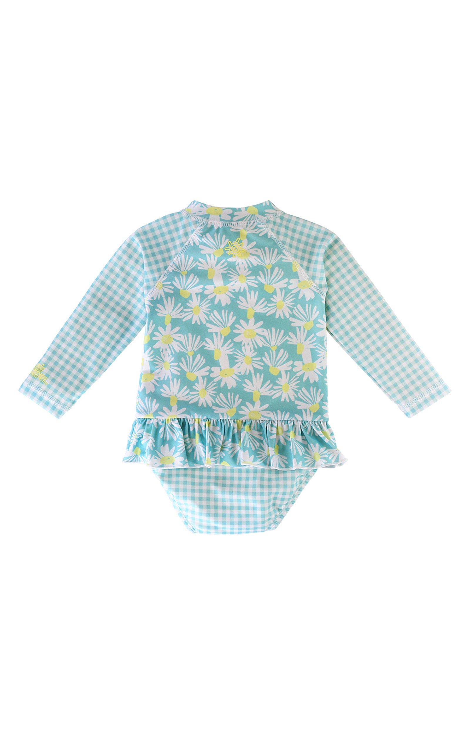 Back of the Baby Girl's Long Sleeve Ruffled Swim Suit in Daisy Fields|daisy-field
