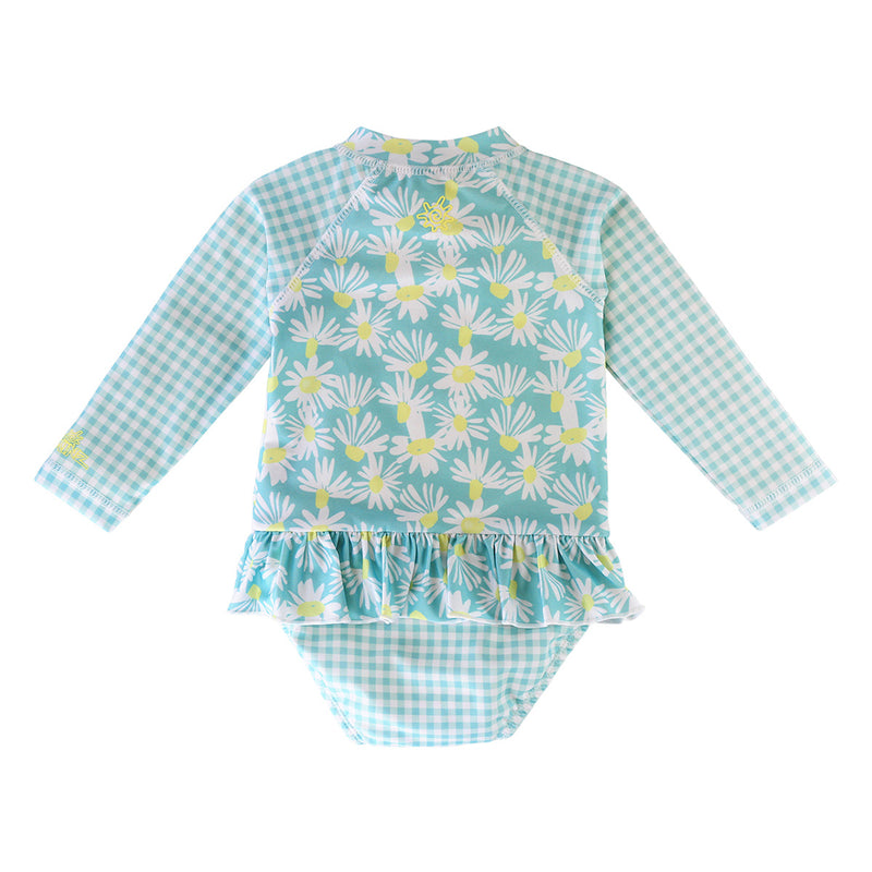 Back of the Baby Girl's Long Sleeve Ruffled Swim Suit in Daisy Fields|daisy-field