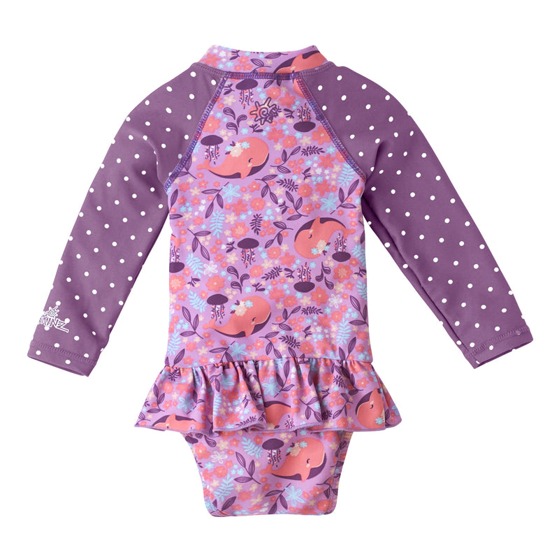 Back of the Baby Girl's Long Sleeve Ruffled Swimsuit in Mulberry Whale|mulberry-whale