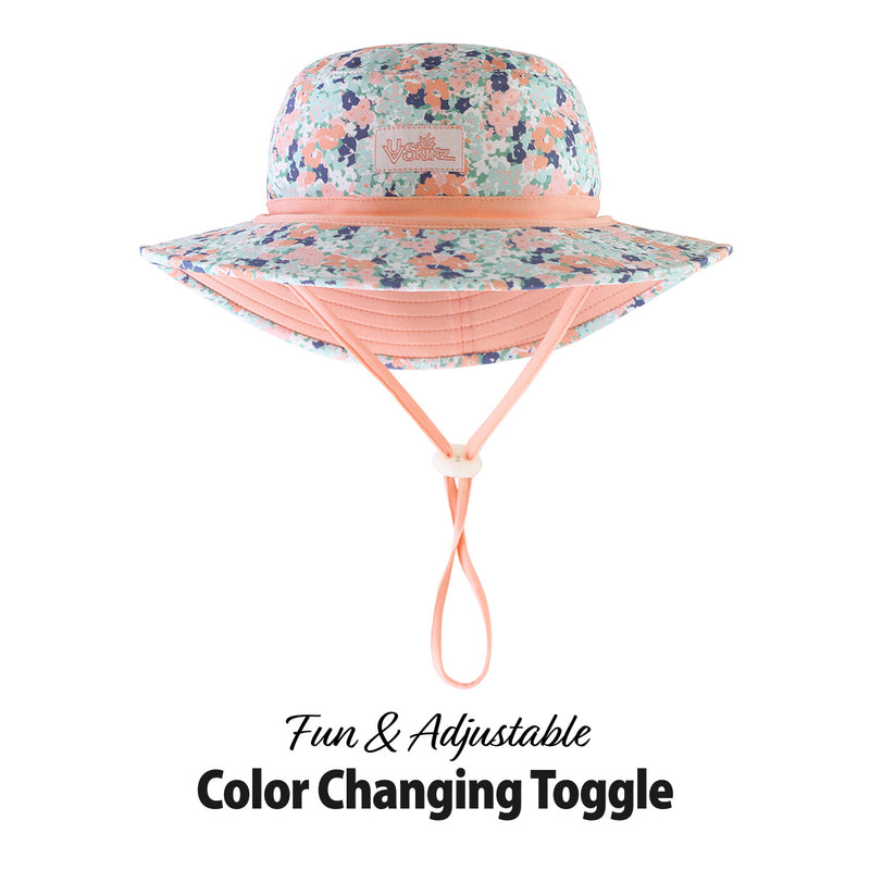 Close up of the UV Skinz's baby girl's swim hat in meadow bloom|meadow-bloom