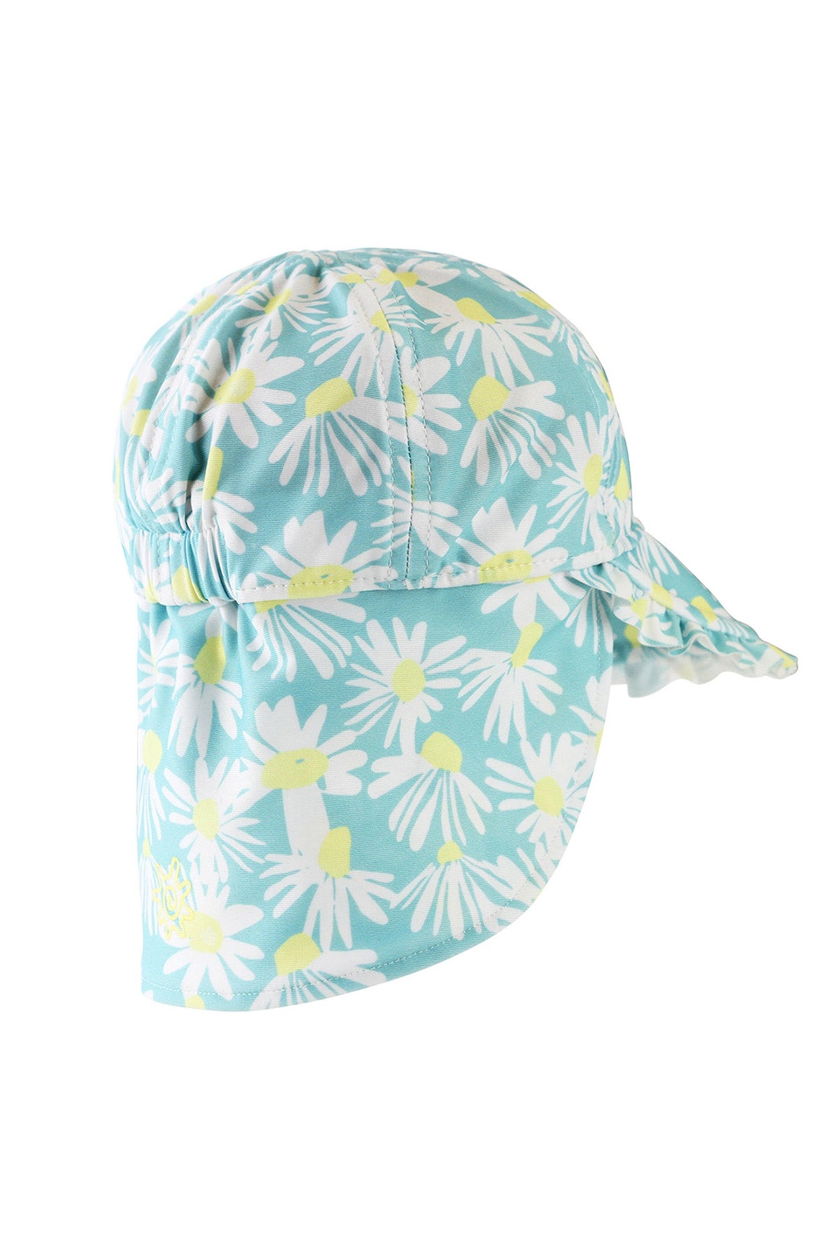 back of the baby girl's swim flap hat in birds in daisy field