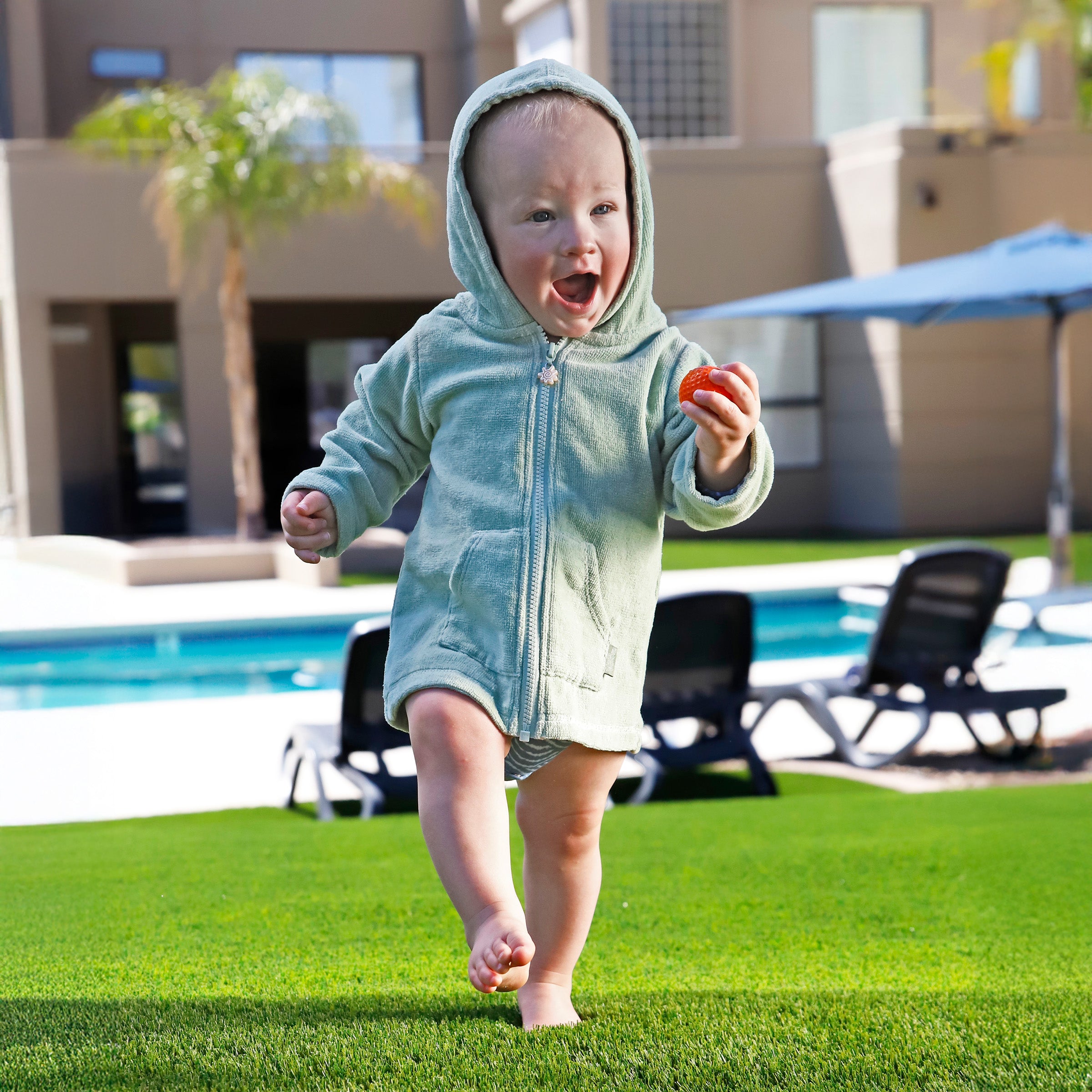 baby in hooded terry beach cover up|frosty-green