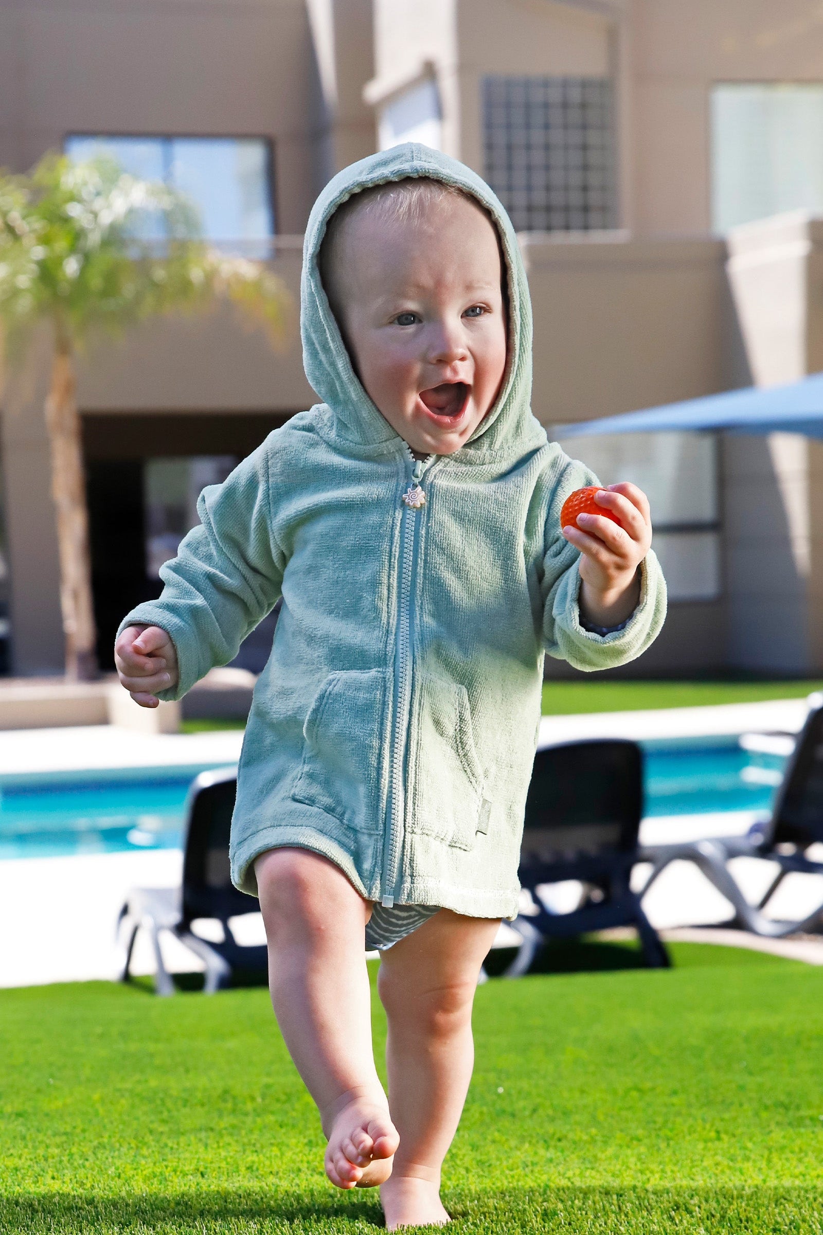 baby in hooded terry beach cover up|frosty-green