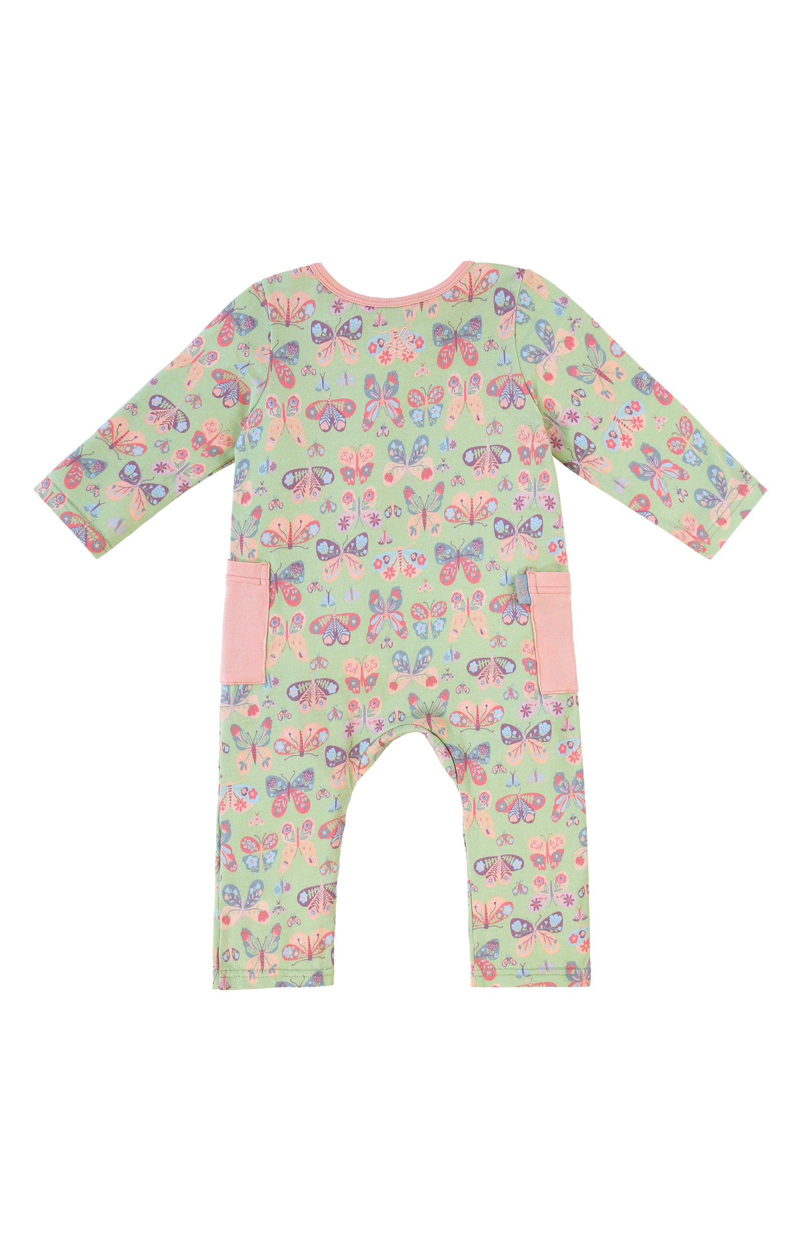 back view of long sleeve everyday romper in boho butterfly|boho-butterflies