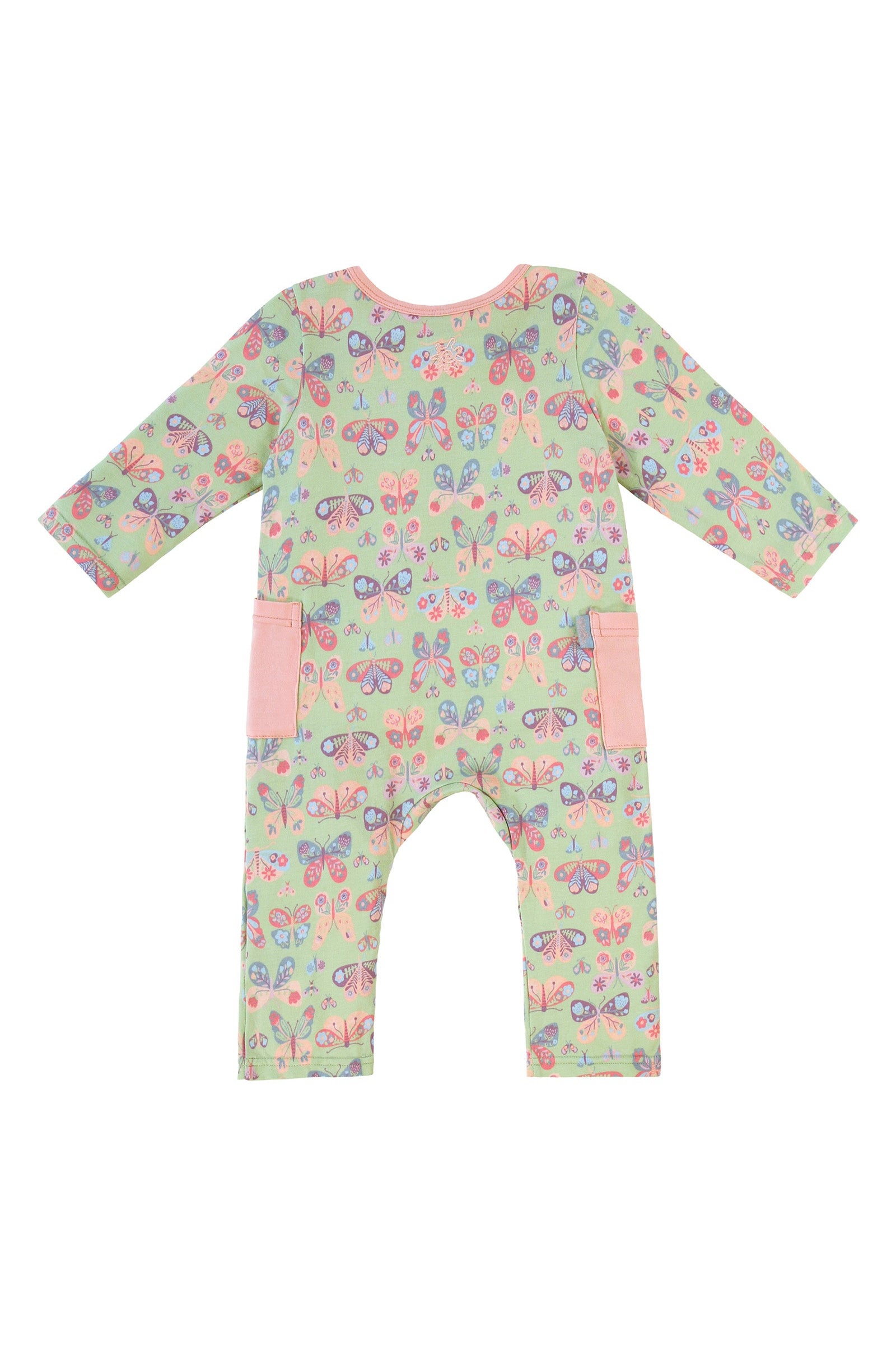 back view of long sleeve everyday romper in boho butterfly|boho-butterflies
