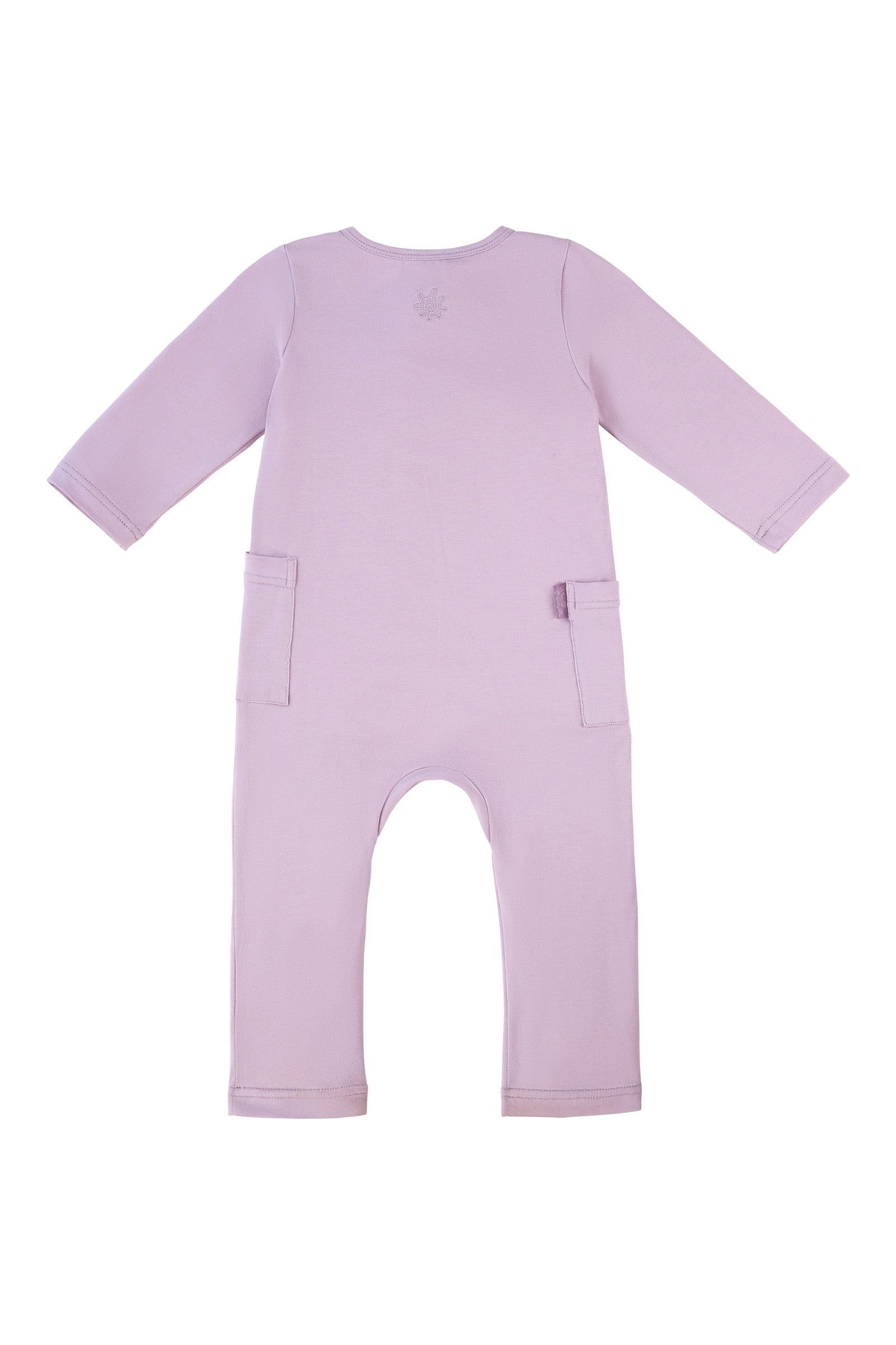 back view of long sleeve everyday romper in lotus|lotus