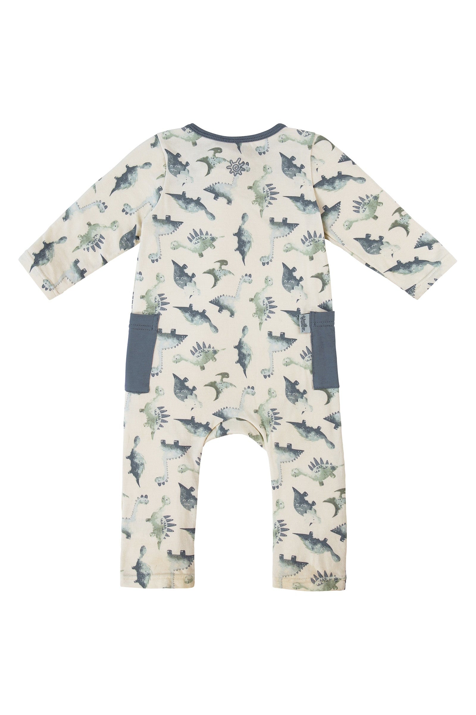 back view of baby long sleeve everyday romper in watercolor dinos|watercolor-dinos