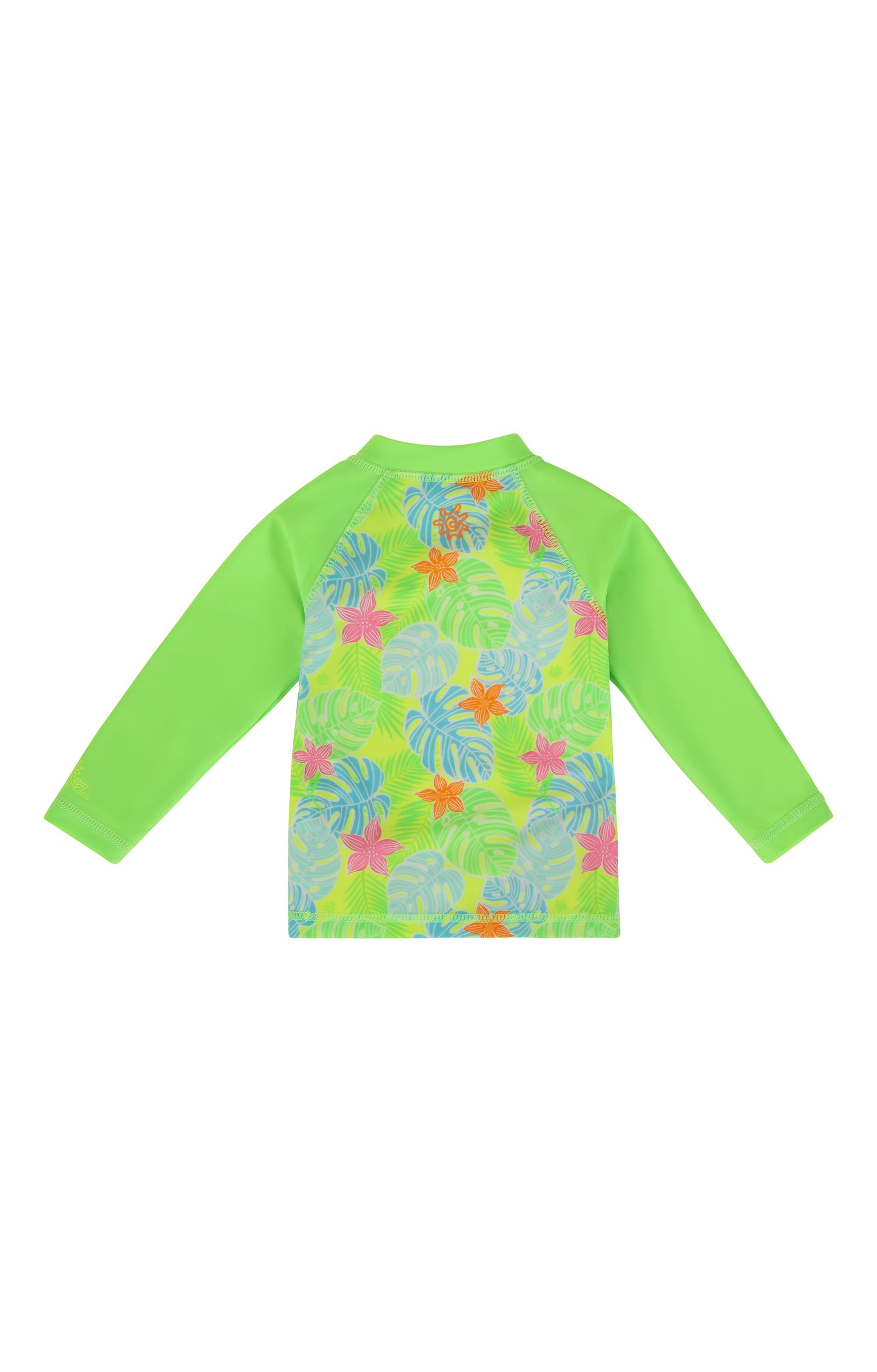back view of baby long sleeve full zip swim rashguard in neon tropics|neon-tropics
