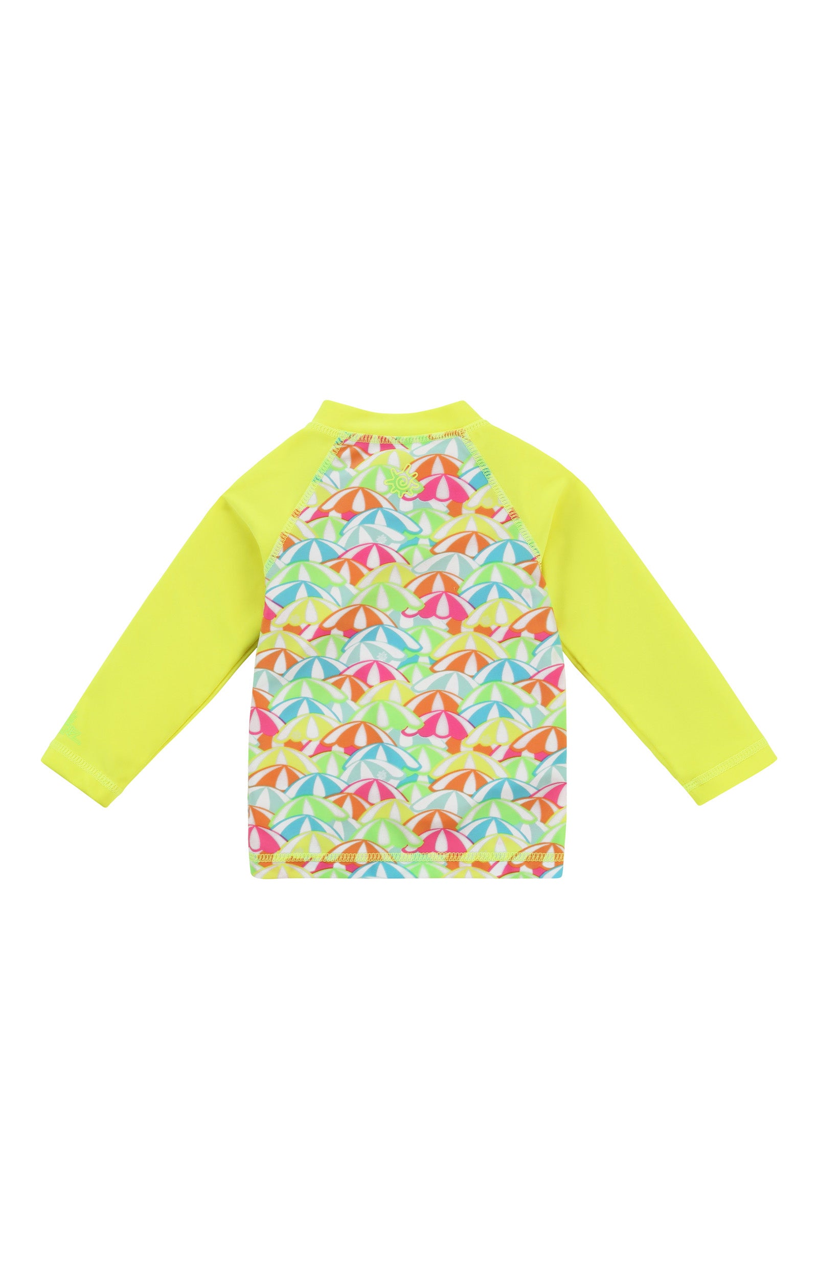 back view of baby long sleeve full zip swim rashguard in baby long sleeve full zip swim rashguard in neon umbrellas|neon-umbrellas