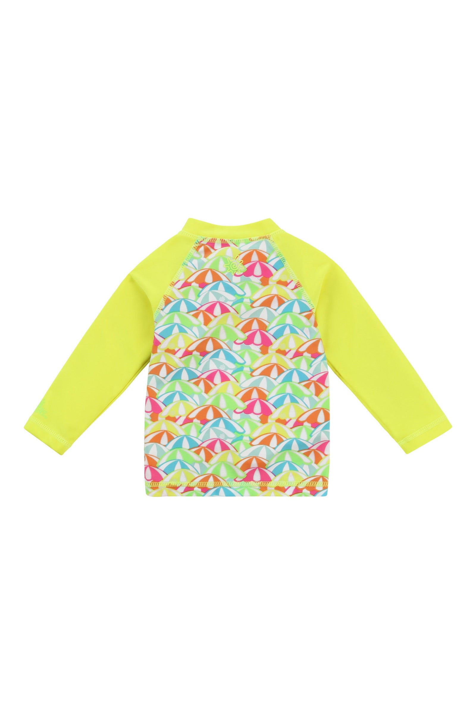 back view of baby long sleeve full zip swim rashguard in baby long sleeve full zip swim rashguard in neon umbrellas|neon-umbrellas
