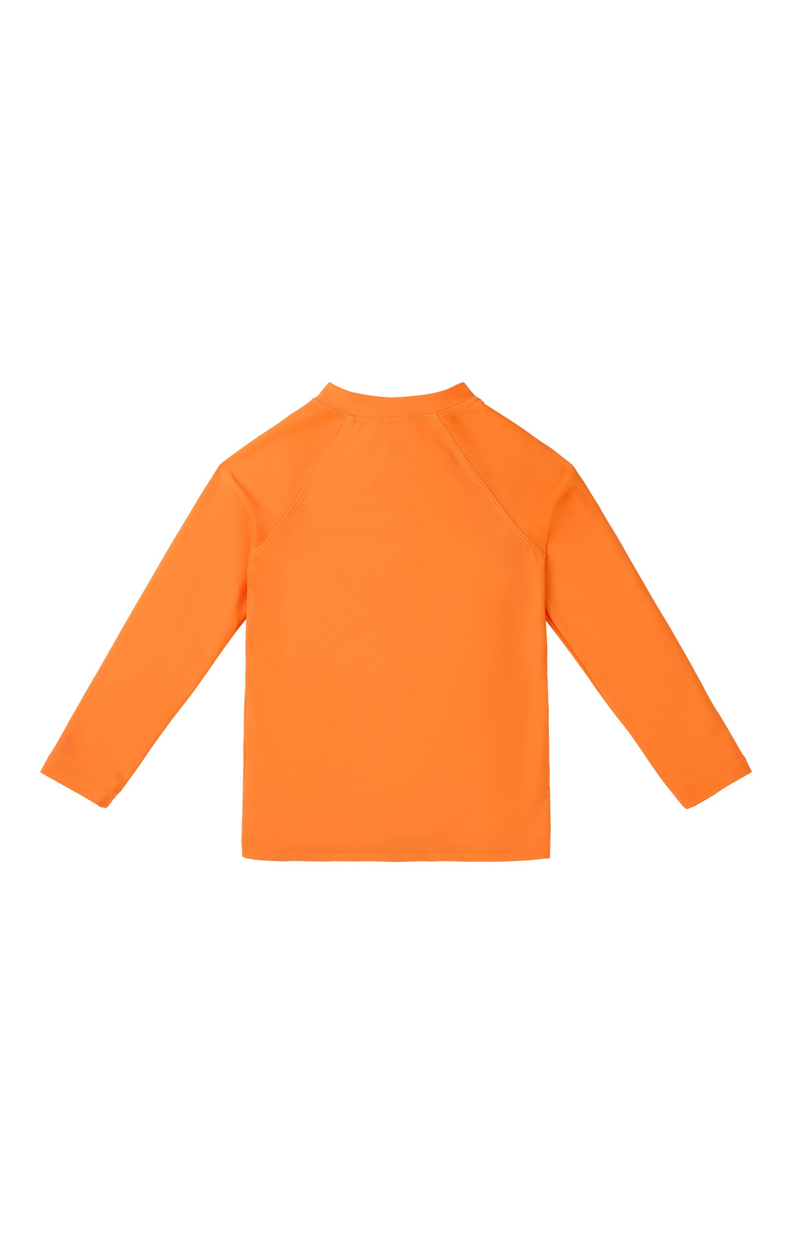 back view of baby long sleeve full zip swim rashguard in orange|orange
