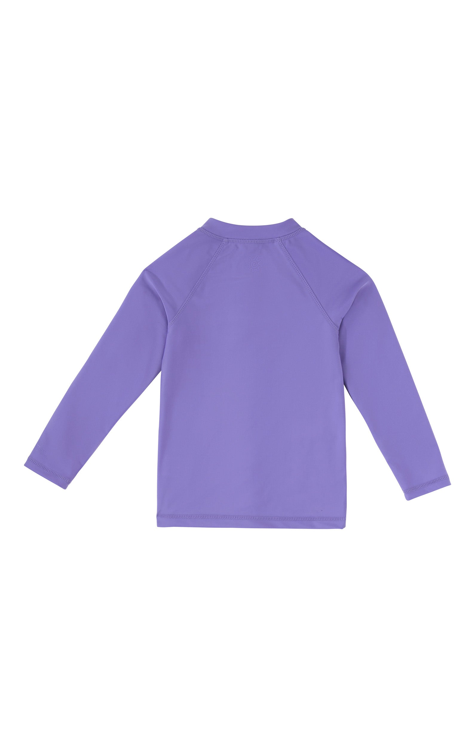back view of baby long sleeve full zip swim rashguard in periwinkle|periwinkle