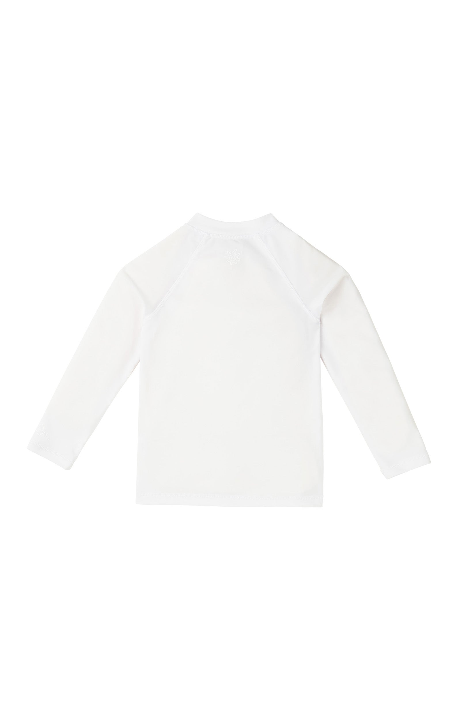 back view of baby long sleeve full zip swim rashguard in white|white