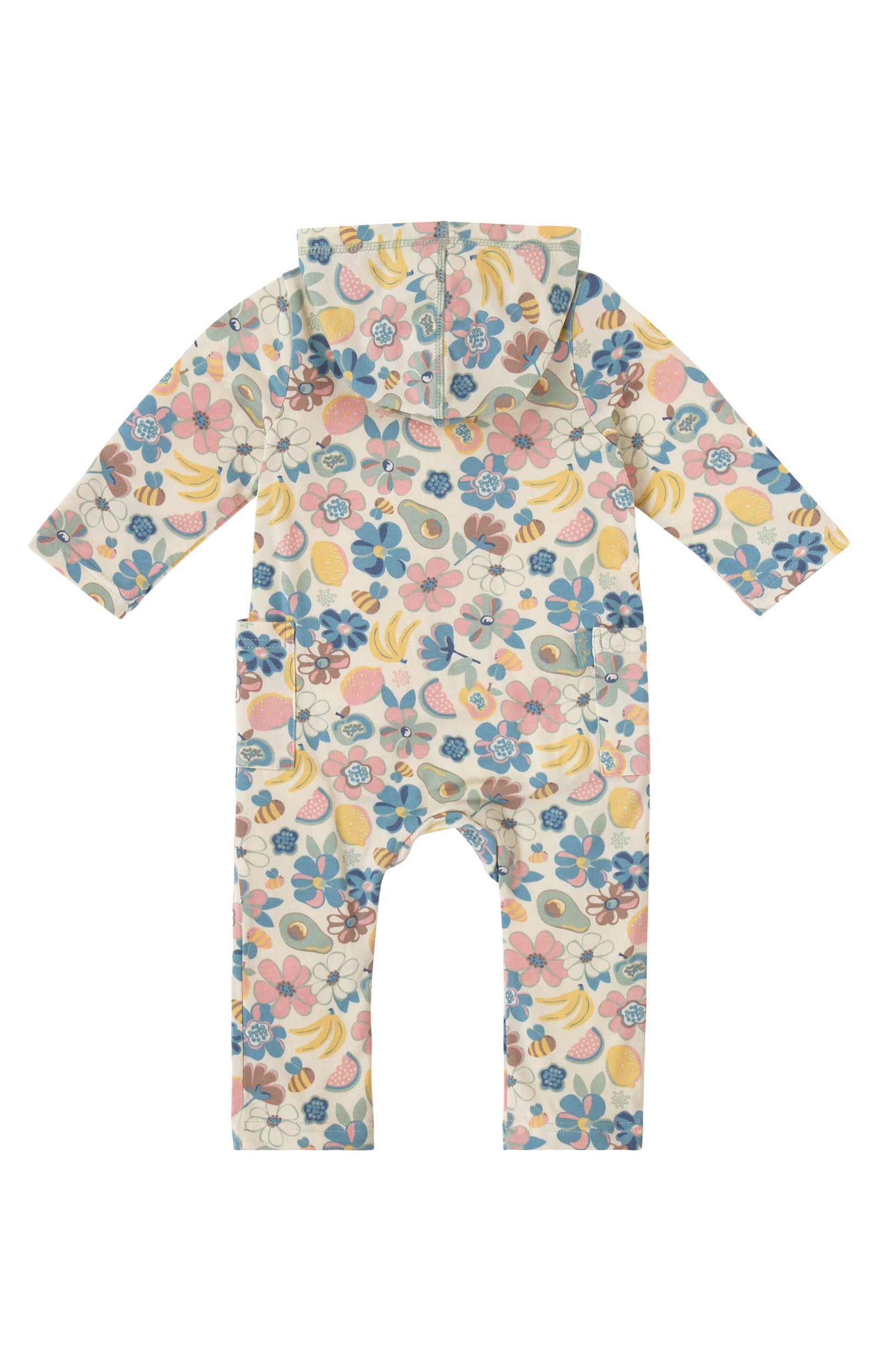 back view of baby long sleeve everyday hooded romper in fruit orchard|fruit-orchard