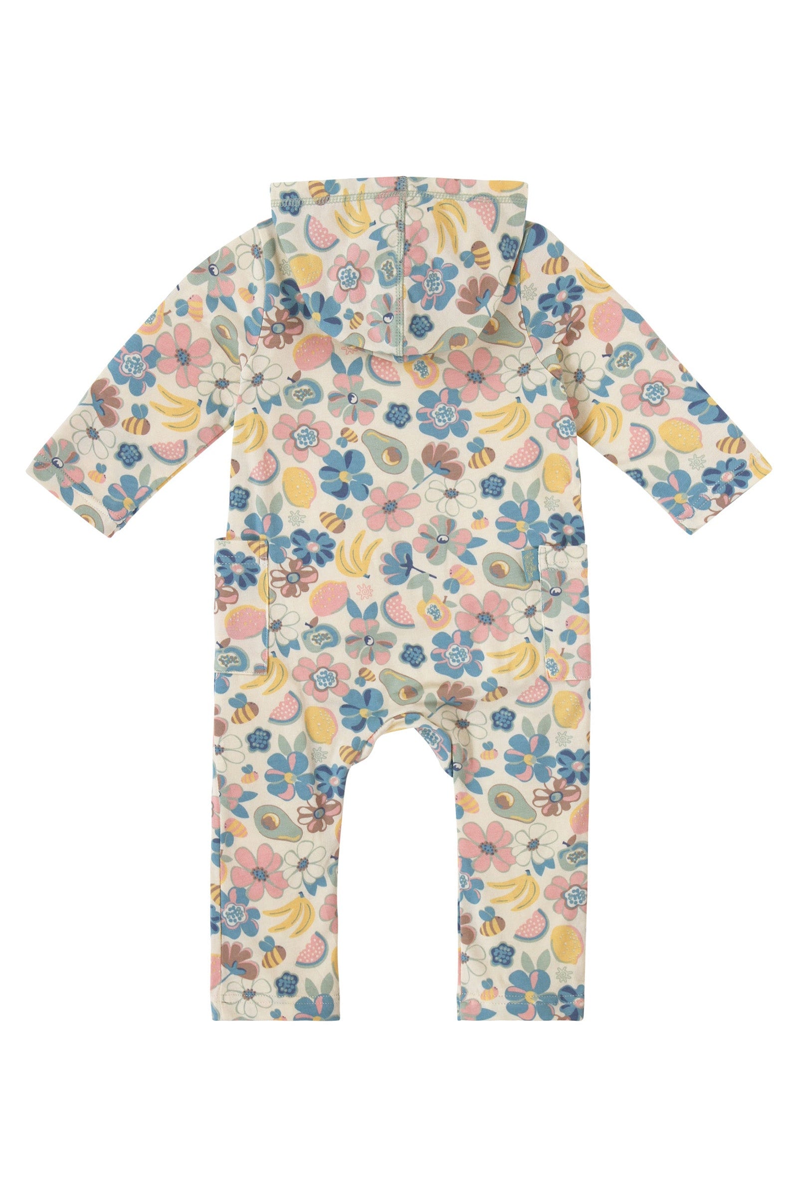 back view of baby long sleeve everyday hooded romper in fruit orchard|fruit-orchard