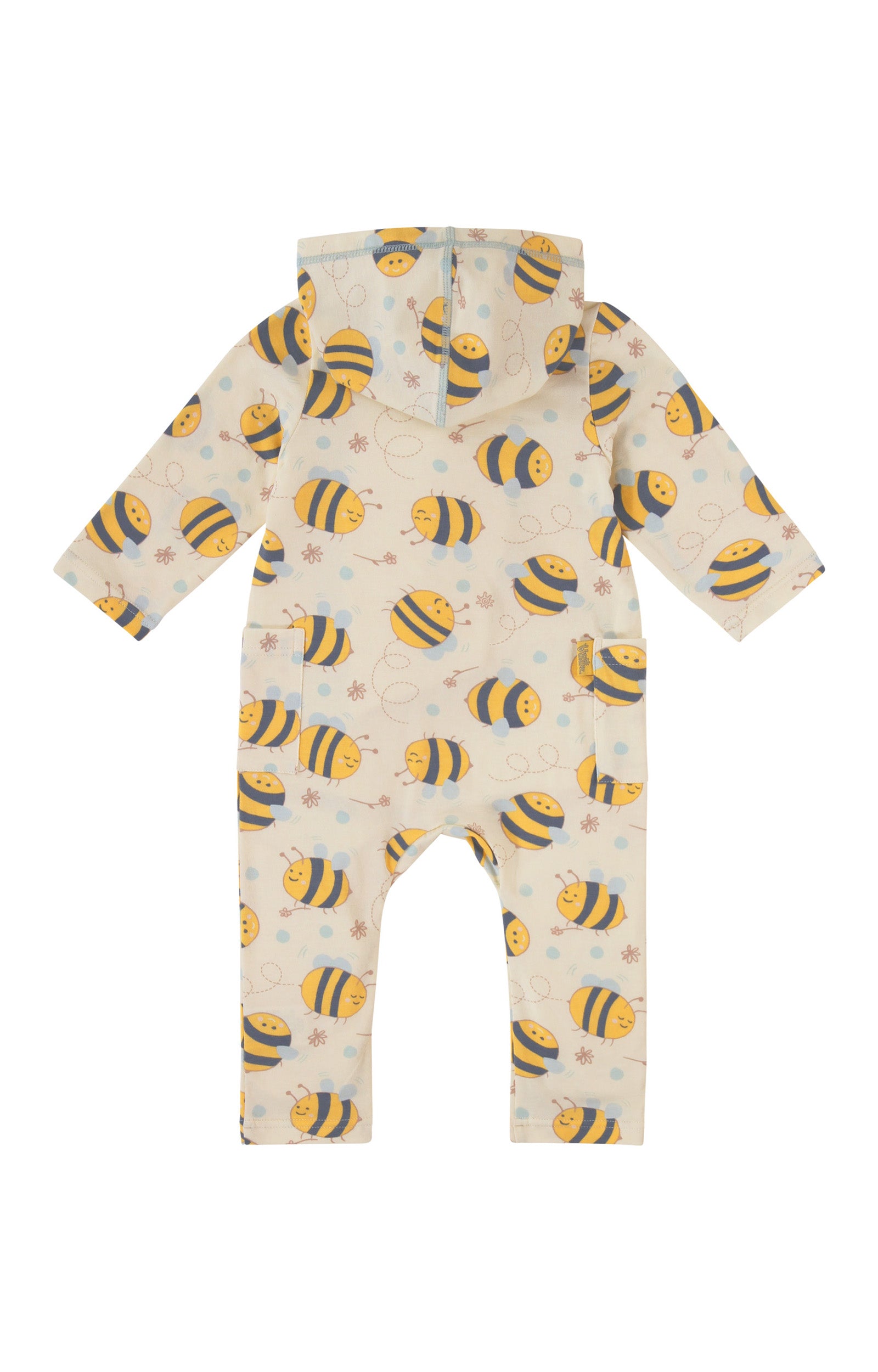 back view of baby long sleeve everyday hooded romper in happy hive|happy-hive