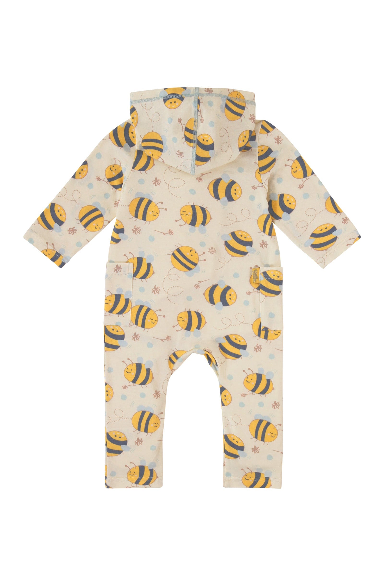 back view of baby long sleeve everyday hooded romper in happy hive|happy-hive