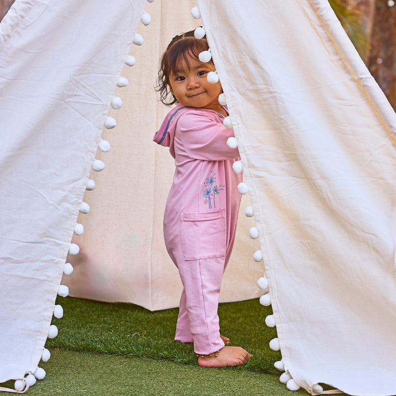baby girl in tent in hooded romper|happy-wishes